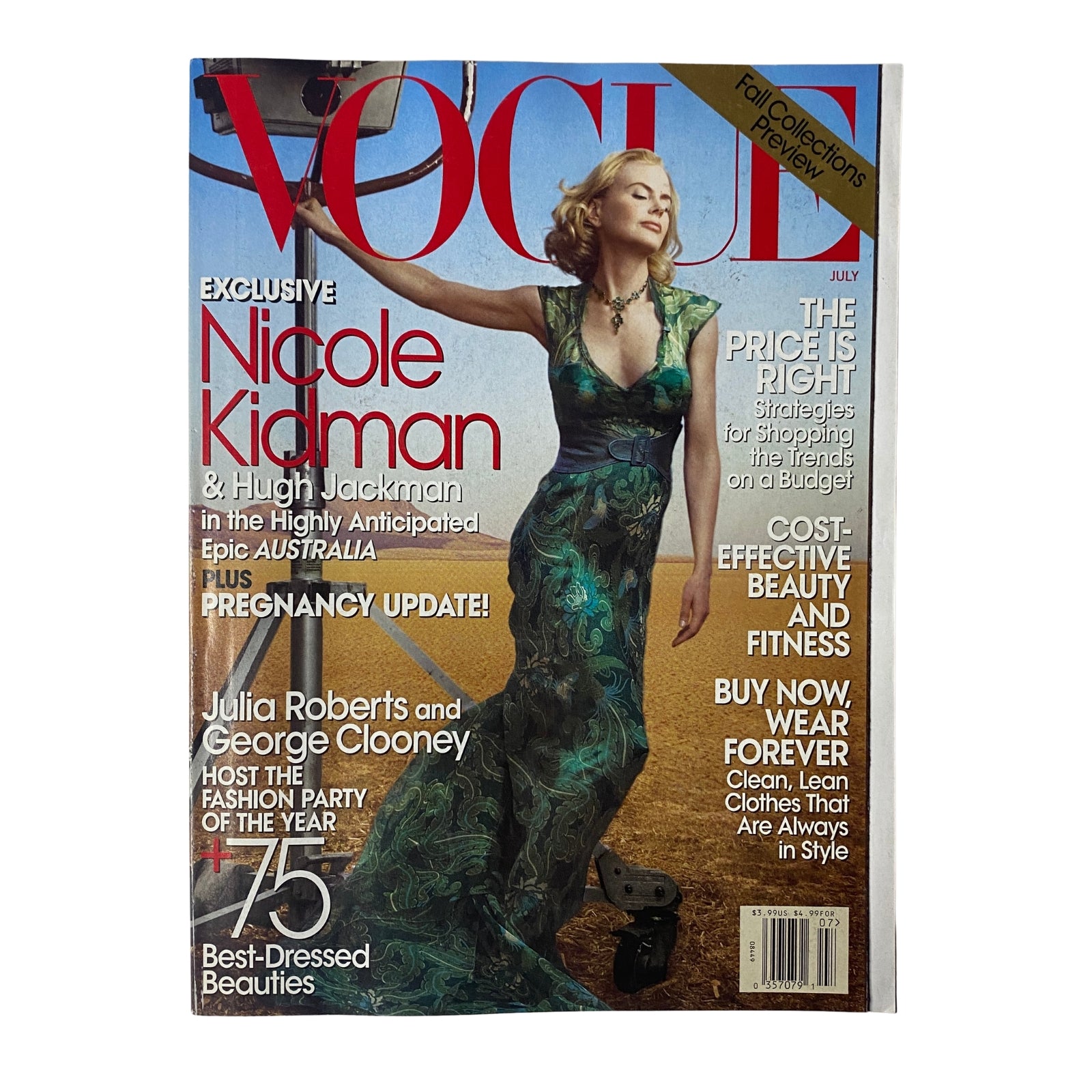 Cover of Vogue Magazine July 2008 featuring Nicole Kidman in a green gown, photographed by Annie Leibovitz, highlighting features on Australia, fashion, and celebrity interviews.