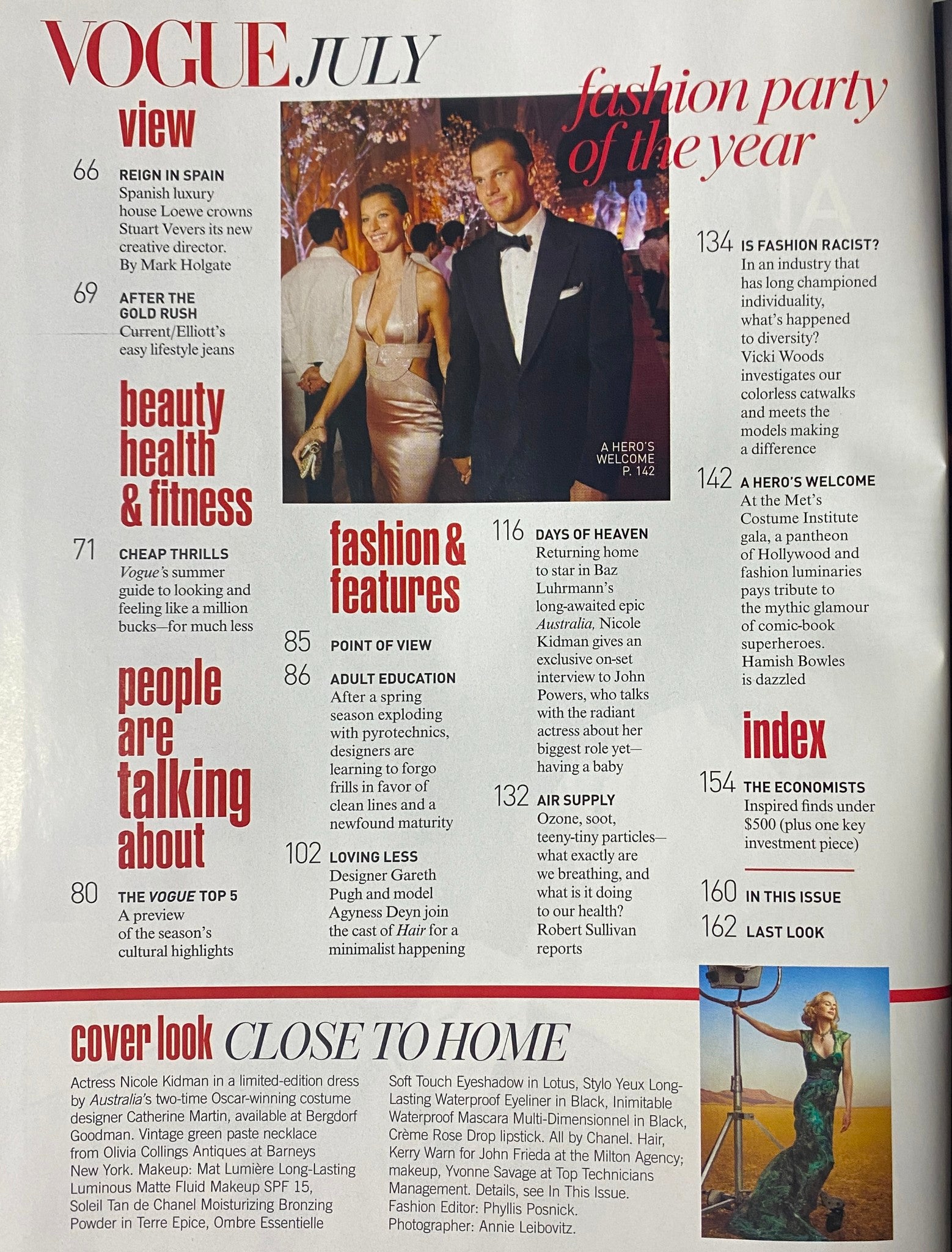 Inside page of Vogue Magazine July 2008 displaying contents list including features on fashion events and lifestyle topics related to Nicole Kidman and more.