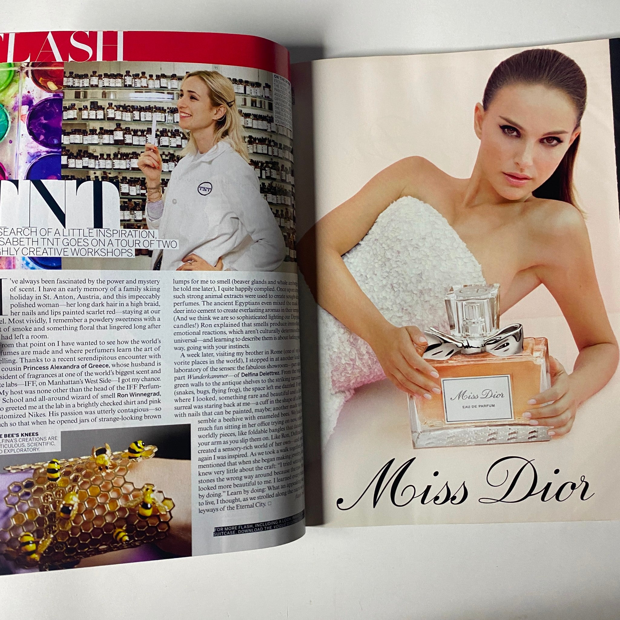 An editorial spread from Vogue Magazine June 2013 featuring Natalie Portman showcasing 'Miss Dior' perfume, and an aesthetic of luxury and beauty.
