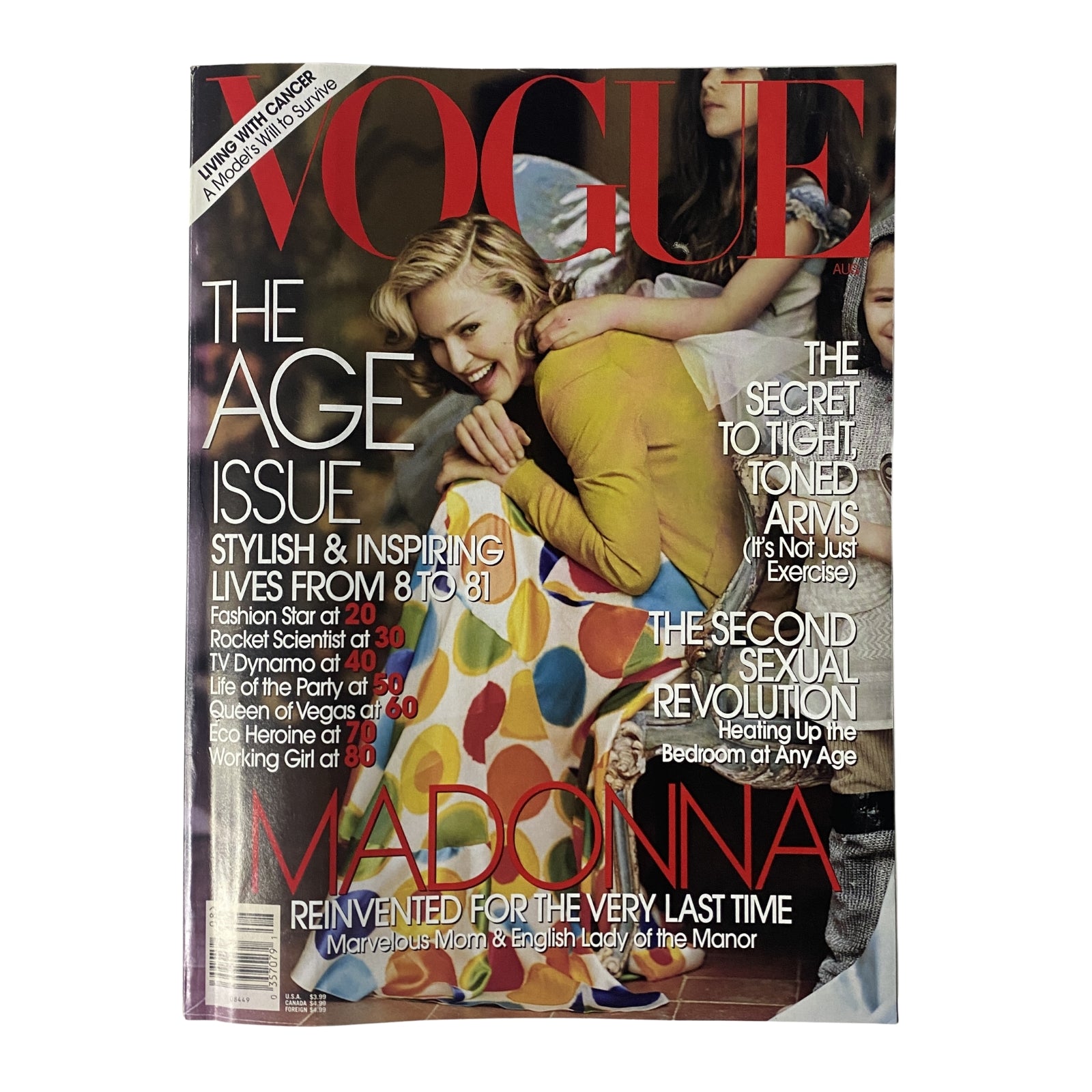 Vogue Magazine August 2005 cover featuring Madonna styled in a Marni yellow cardigan and John Galliano dress, highlighting the 'Age Issue' theme.