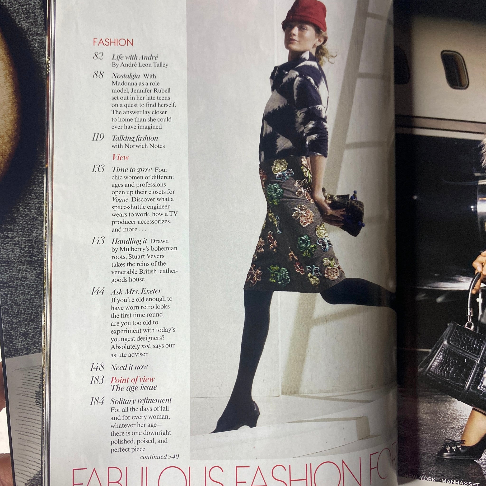 Fashion editorial page from Vogue Magazine August 2005 featuring a model styled by André Leon Talley, discussing diverse fashion influences.