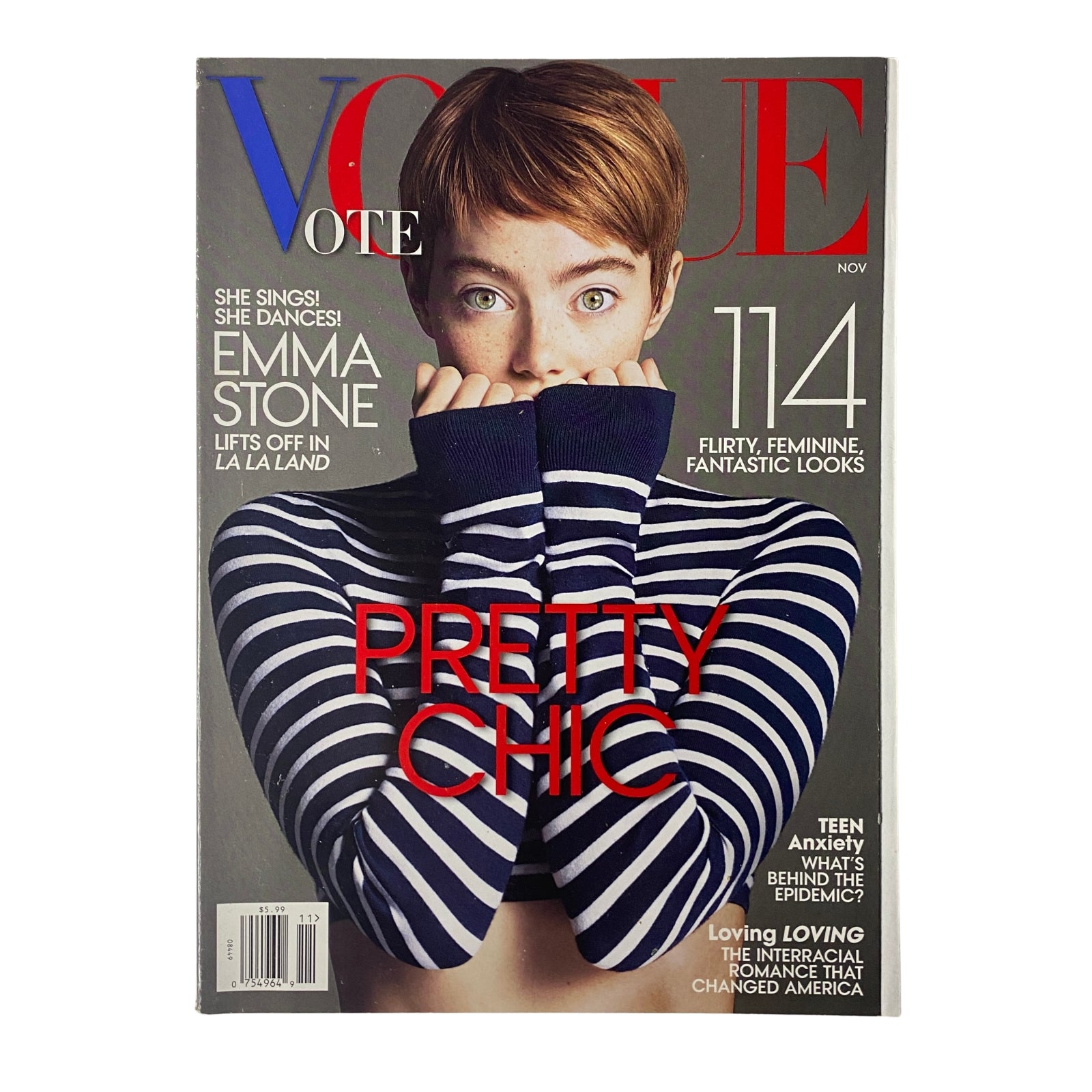Vogue Magazine November 2016 featuring Emma Stone on the cover, styled in a striped sweater, with the headline 'Pretty Chic' and a vibrant red title.
