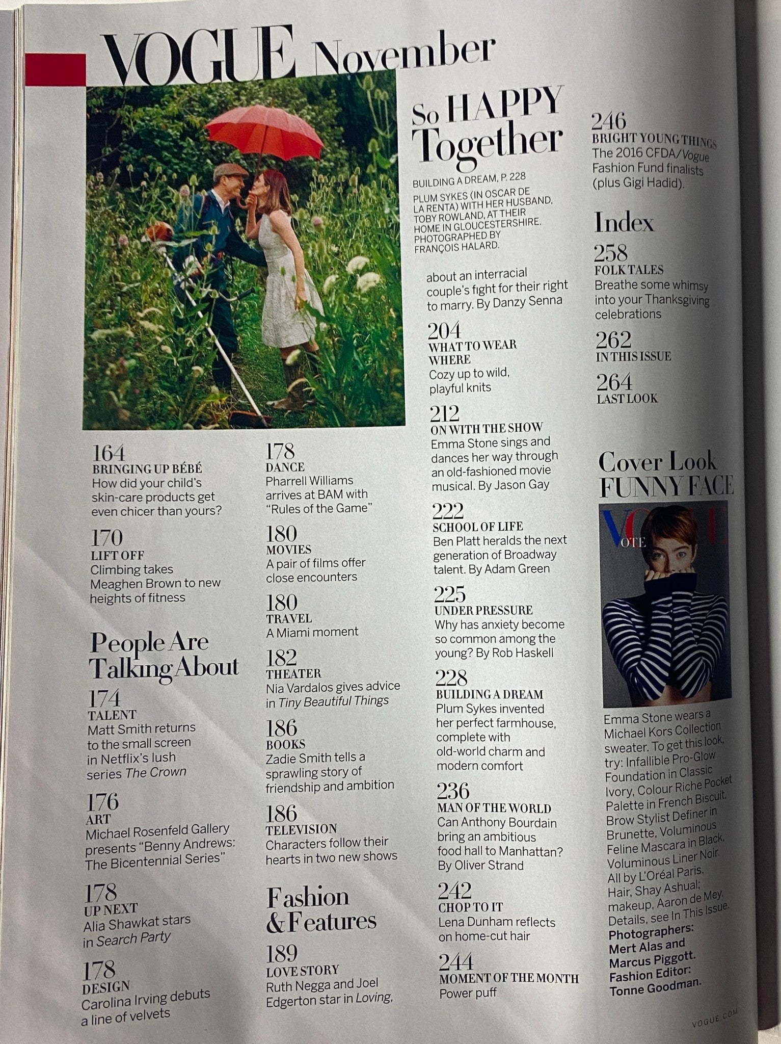 Interior page of Vogue Magazine November 2016 with a content index listing notable articles and features, including a mention of Emma Stone's cover story.