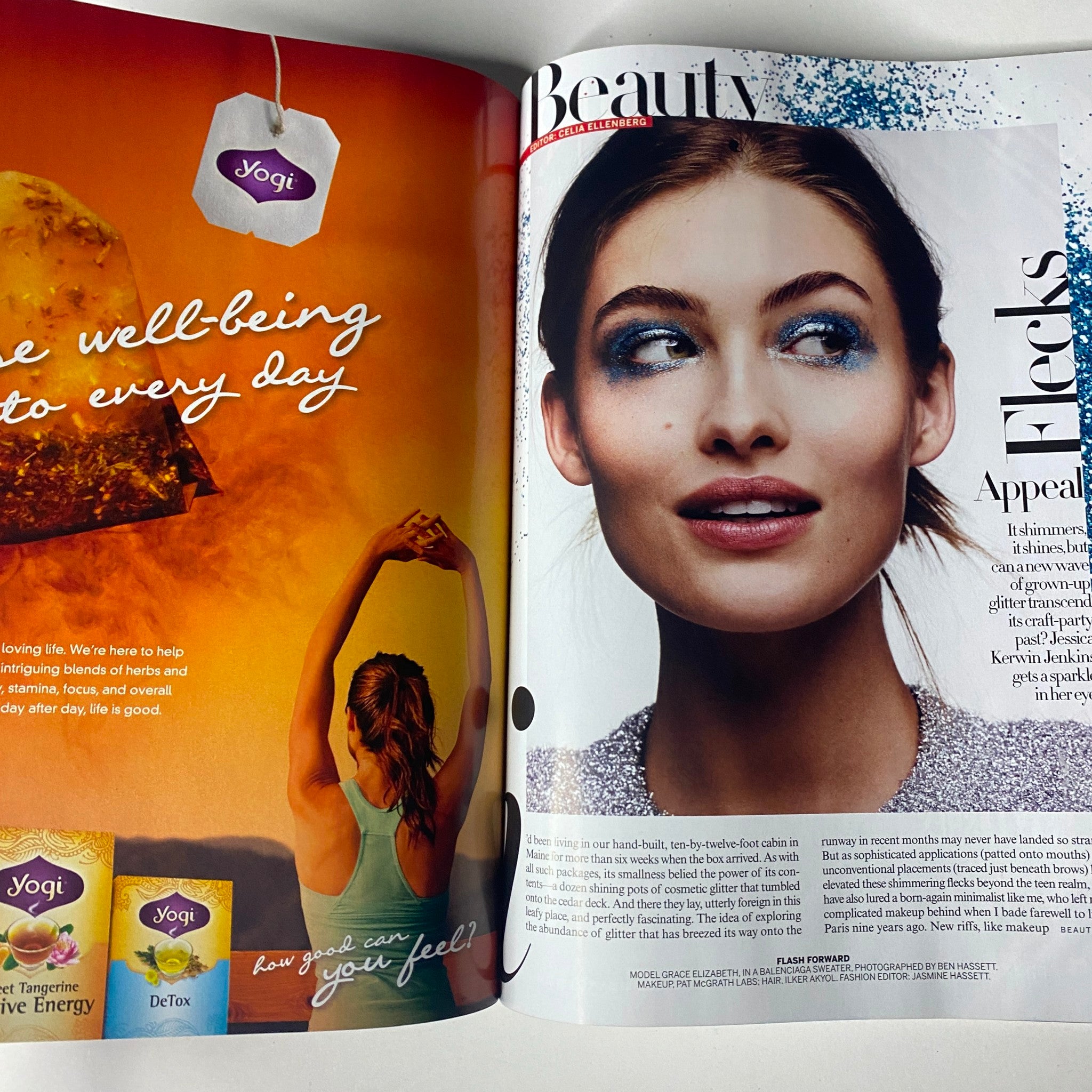 Beauty editorial page from Vogue Magazine November 2016 featuring sparkling makeup and wellness theme, accompanying the Emma Stone cover.