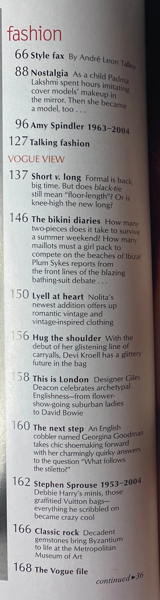 Table of contents from Vogue Magazine May 2004 highlighting various fashion articles including Style Fax by André Leon Talley and The Bikini Diaries by Plum Sykes.