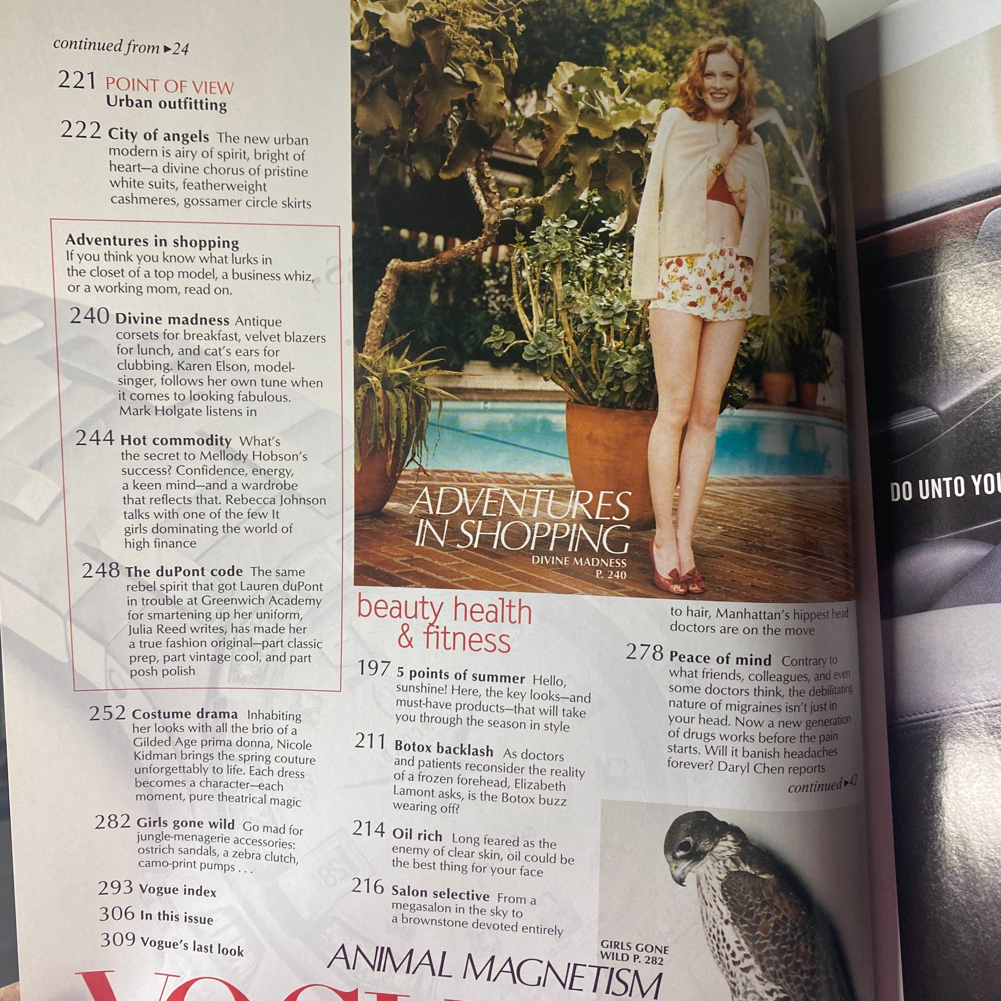 Page from Vogue Magazine May 2004 displaying fashion articles focused on urban outfits and shopping health and fitness tips.
