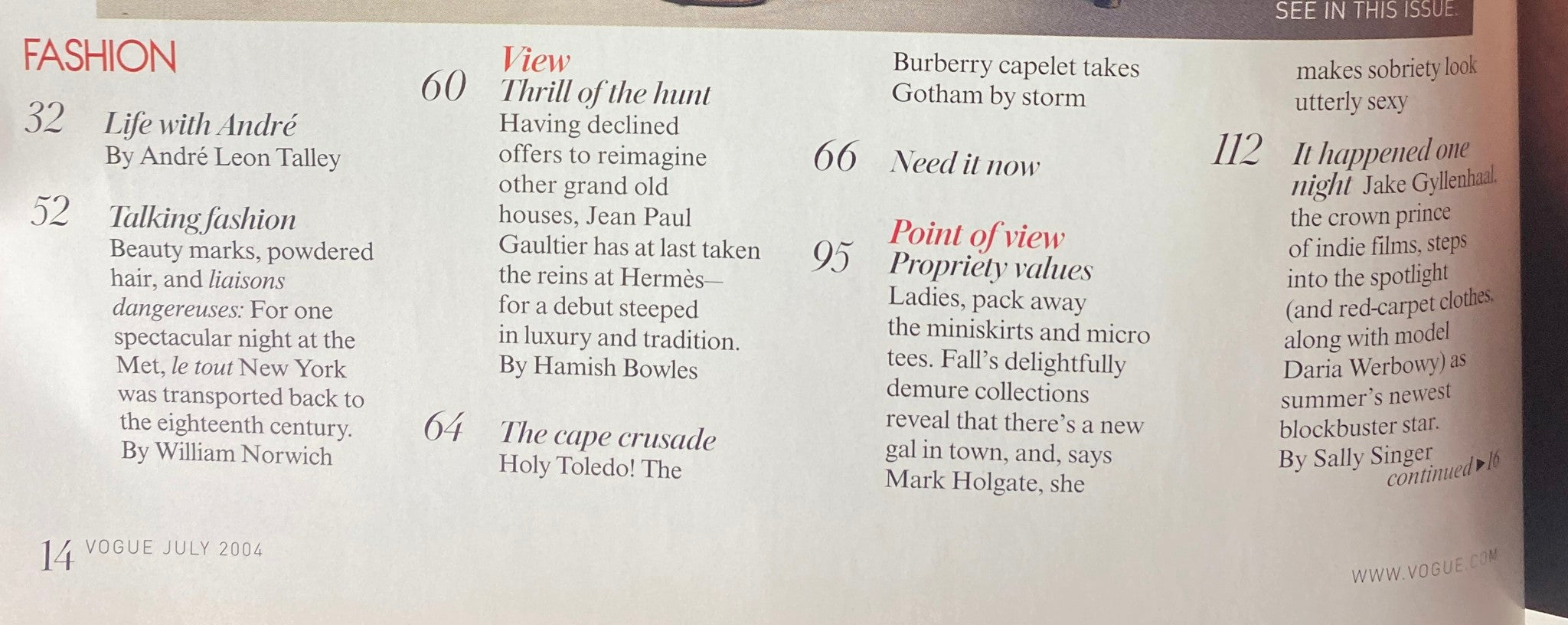 Fashion page from Vogue Magazine July 2004 showcasing articles including "Life with André" and "Thrill of the Hunt" along with other fashion highlights.