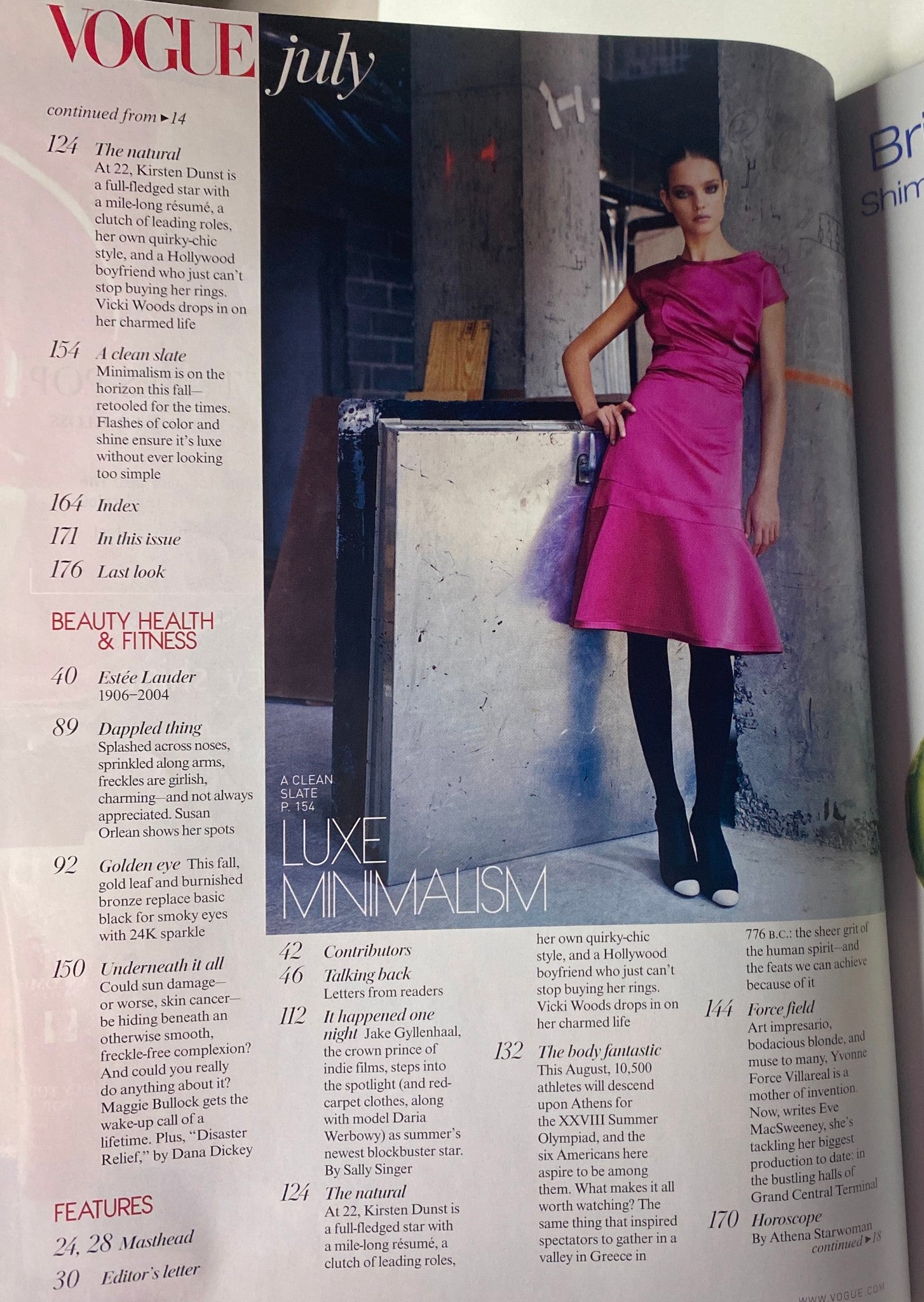 Continuation of Vogue Magazine July 2004 featuring Kirsten Dunst discussing minimalist fashion in a striking pink dress; includes content on beauty and health.