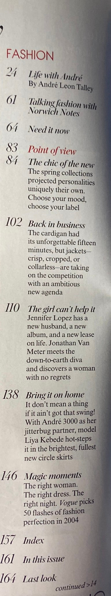 Table of contents from Vogue Magazine January 2005 featuring segments on fashion highlights, including 'Life with André' and 'The Girl Can’t Help It'.
