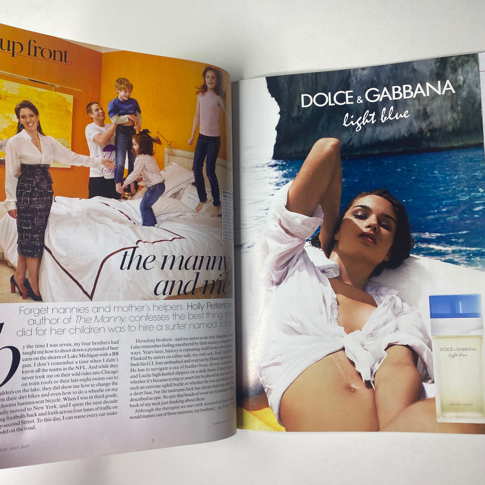 Page from Vogue Magazine July 2007 with a Dolce & Gabbana Light Blue advertisement, illustrating summer style and beauty tips.