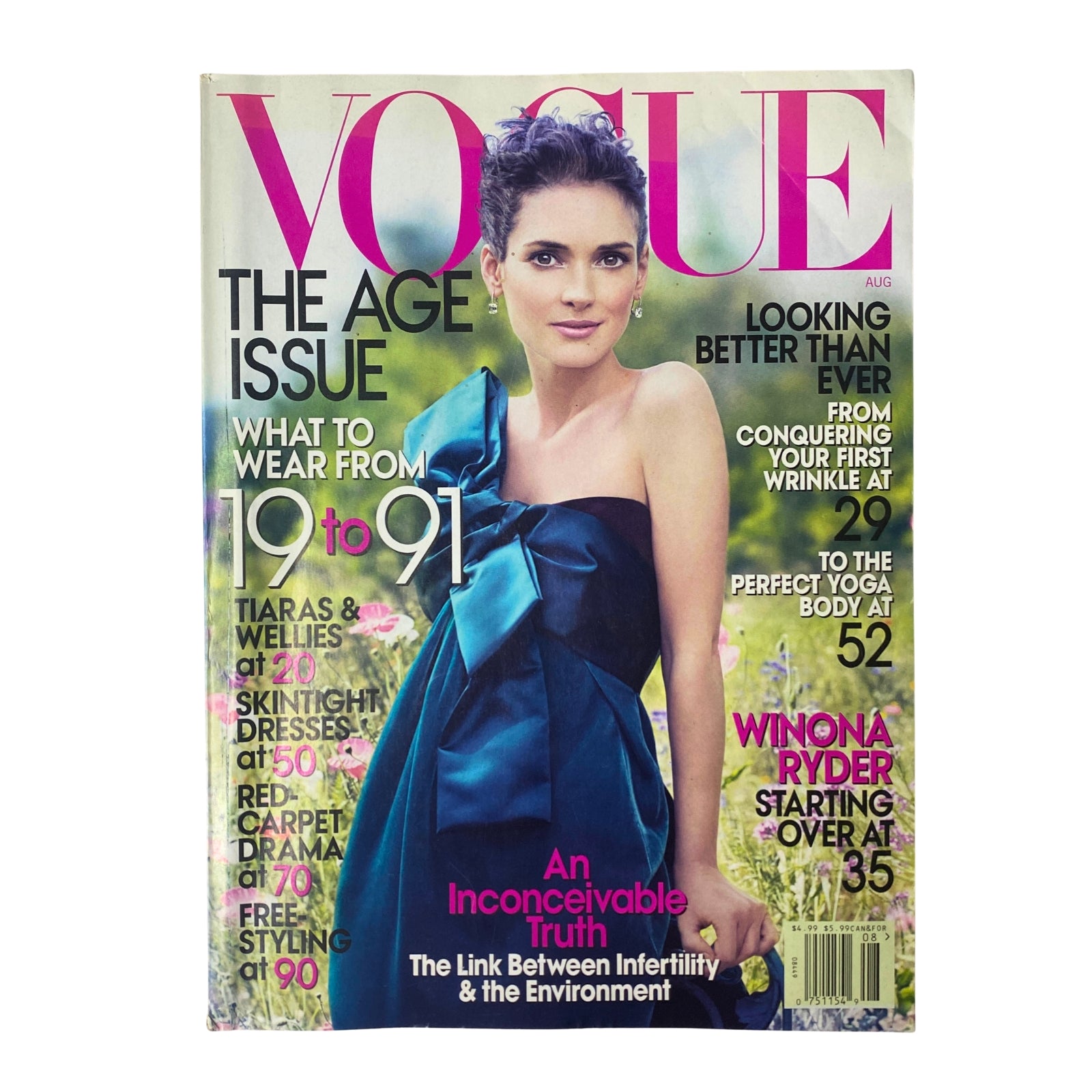Vogue Magazine August 2007 featuring Winona Ryder on the cover, showcasing a beautiful portrait of her in a stylish dress, emblematic of the magazine's focus on fashion and cultural relevance.