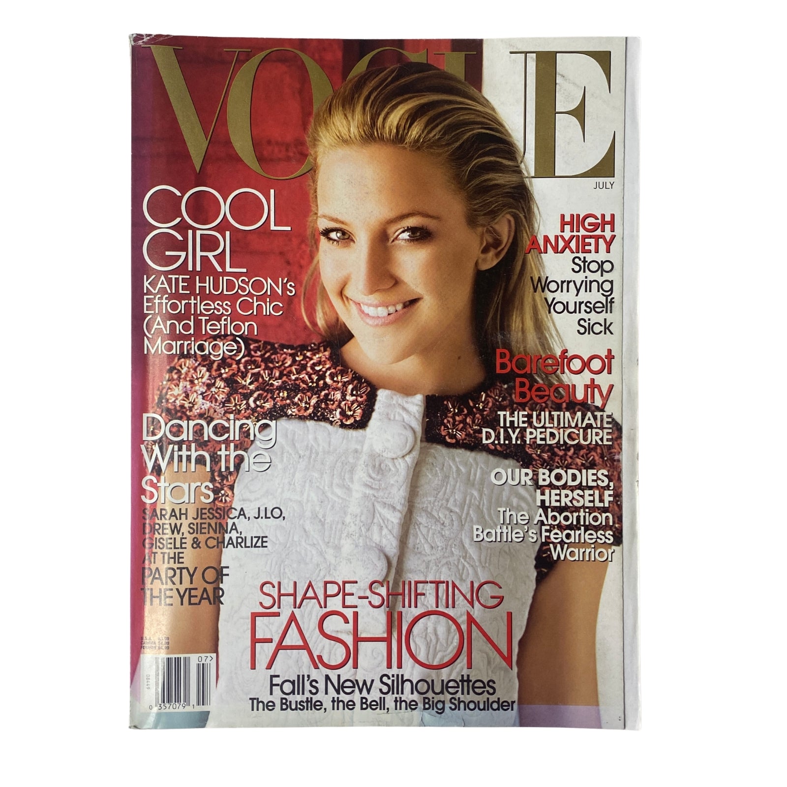 Vogue Magazine July 2006 cover featuring Kate Hudson, highlighting the theme 'Cool Girl' with topics on effortless chic fashion, high anxiety, and summer style essentials.