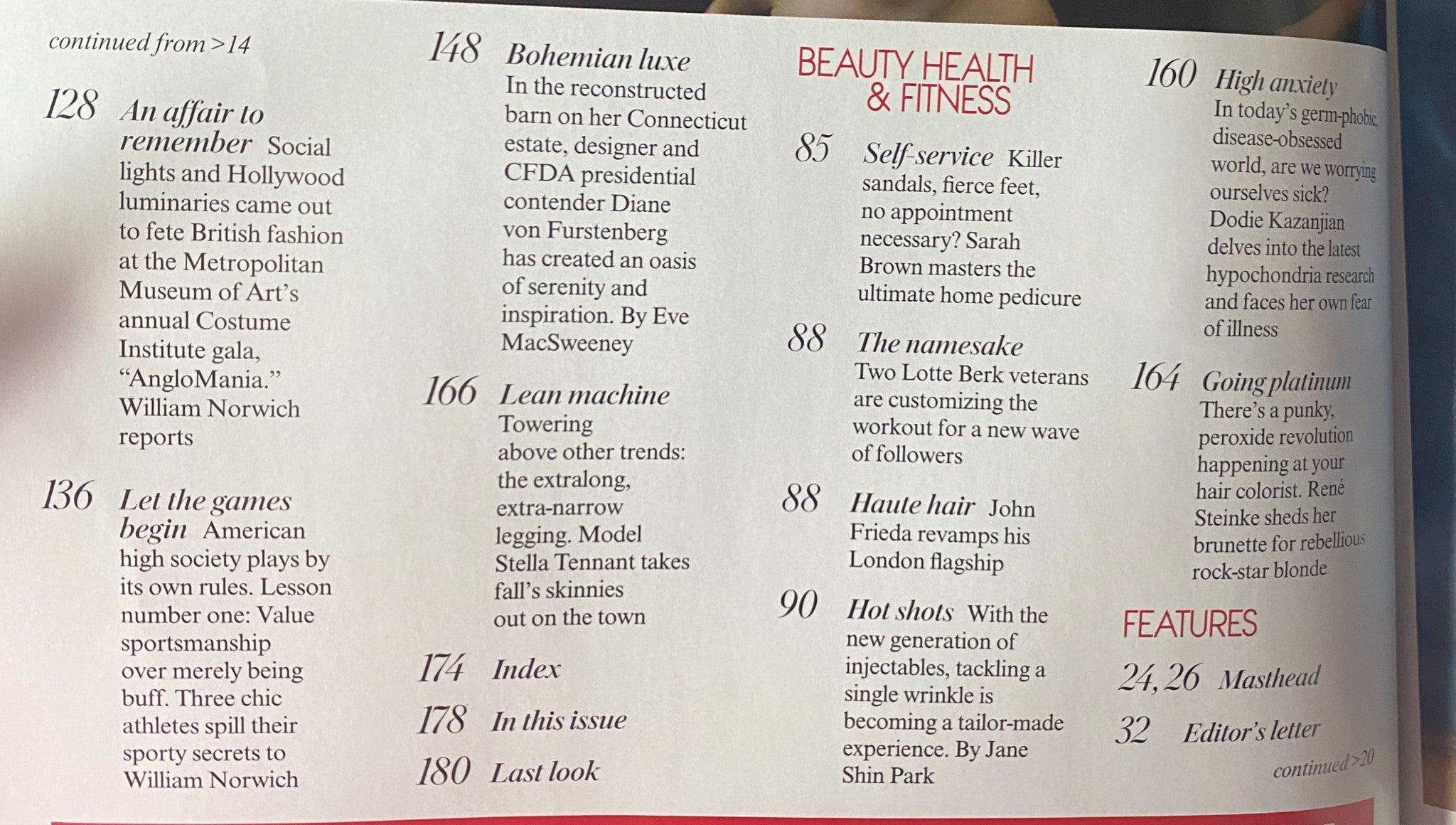 Inside page of Vogue Magazine July 2006 showcasing articles on beauty, health, and fitness, including the Bohemian luxe feature.