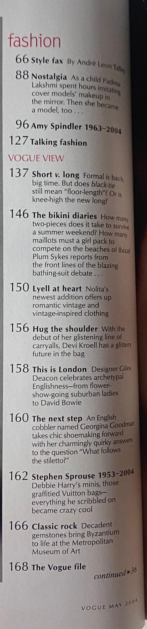 Page from Vogue Magazine May 2004 featuring fashion content including 'style fax' and 'Vogue View', illustrating the magazine's insightful commentary.