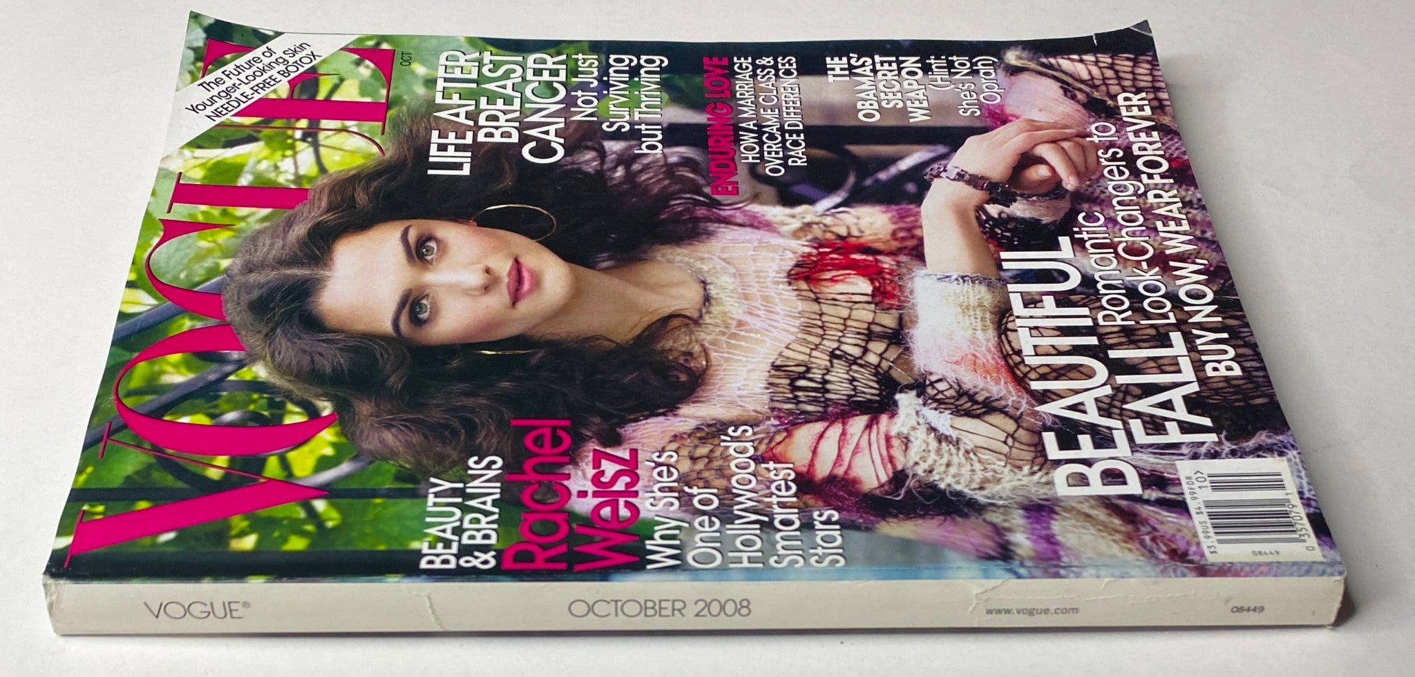 Vogue Magazine October 2008 Rachel Weisz Cover displayed at an angle, highlighting the magazine's title and its focus on contemporary fashion and health trends.
