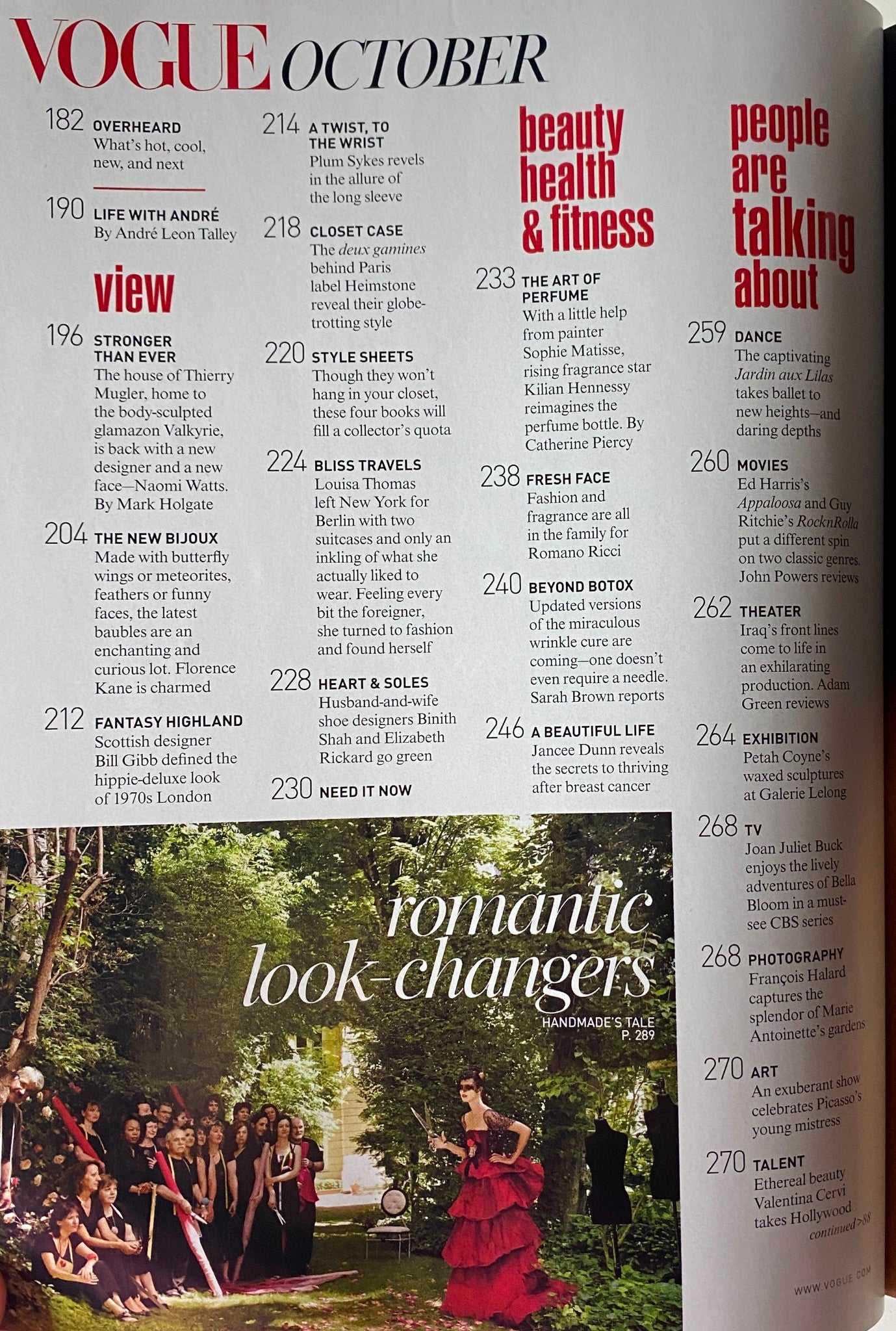 Another interior page of Vogue Magazine October 2008 outlining various topics such as beauty, health, and fashion with a focus on seasonal trends and prominent features.