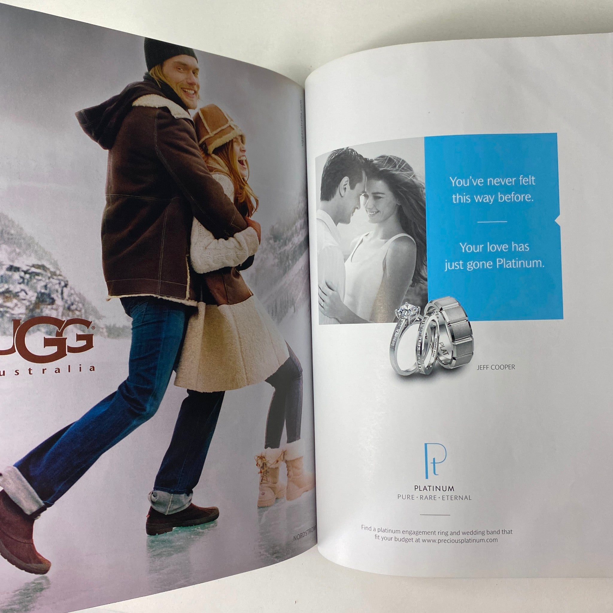 A stylish advertisement from Vogue Magazine October 2008 showing a couple enjoying winter with UGG boots, alongside a diamond engagement ring from Jeff Cooper featuring a message about love and commitment.