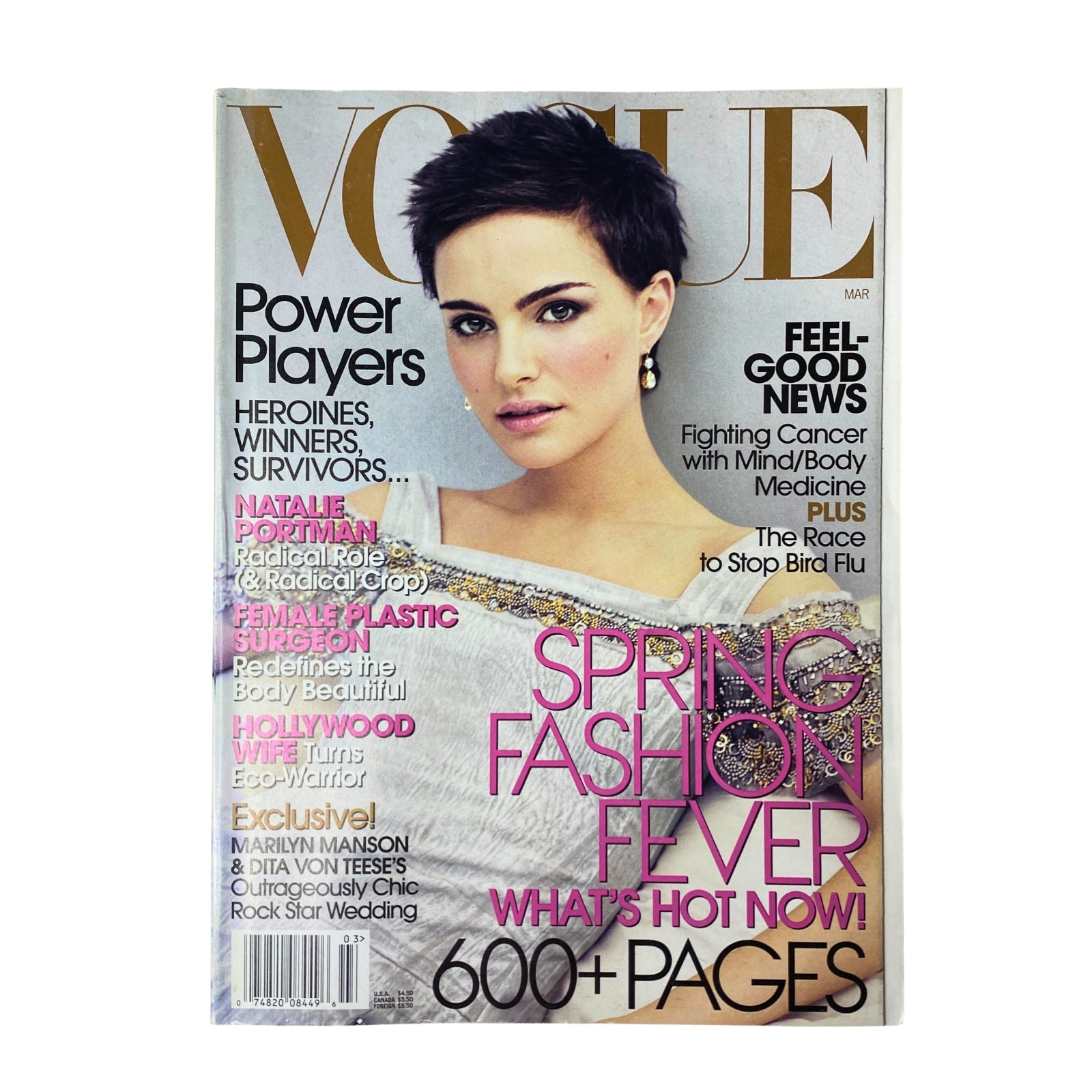 Vogue Magazine March 2006 featuring Natalie Portman on the cover, highlighting 'Power Players' and 'Spring Fashion Fever'. The magazine is presented in very good condition without a label.