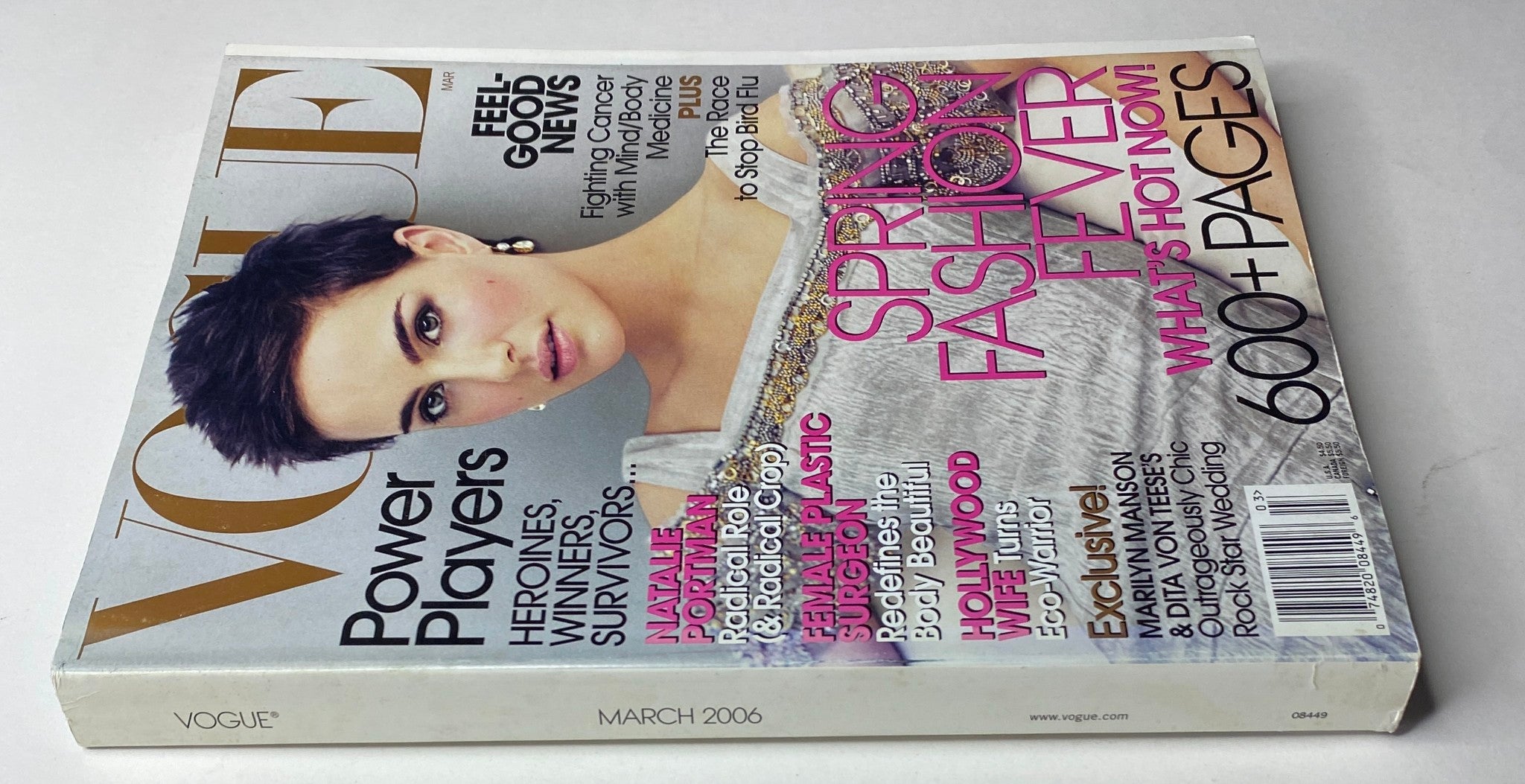 Side view of the Vogue Magazine March 2006 with Natalie Portman on the cover, emphasizing 'Power Players' and 'Spring Fashion Fever', showcasing its very good condition.