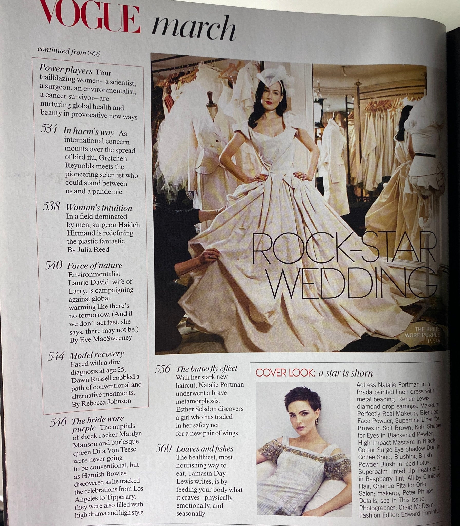 Page from Vogue Magazine March 2006 showcasing a bridal fashion editorial, featuring a model in a grand gown under 'Rock-Star Wedding'.