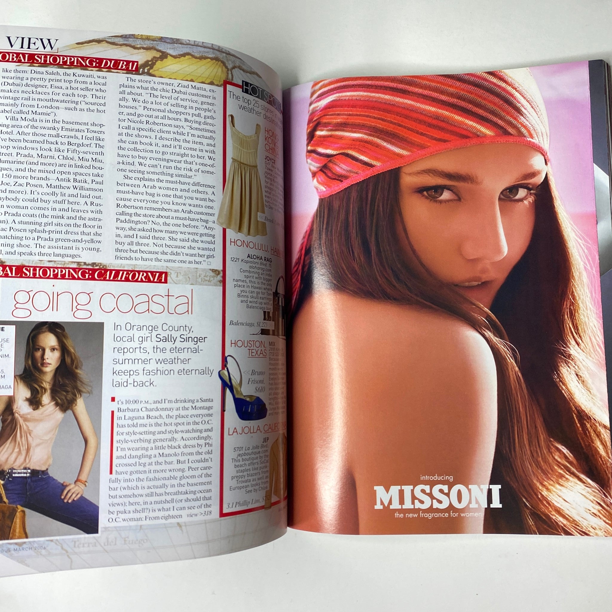 Fashion editorial page from Vogue Magazine March 2006 introducing 'Missoni' with model showcasing coastal fashion looks.