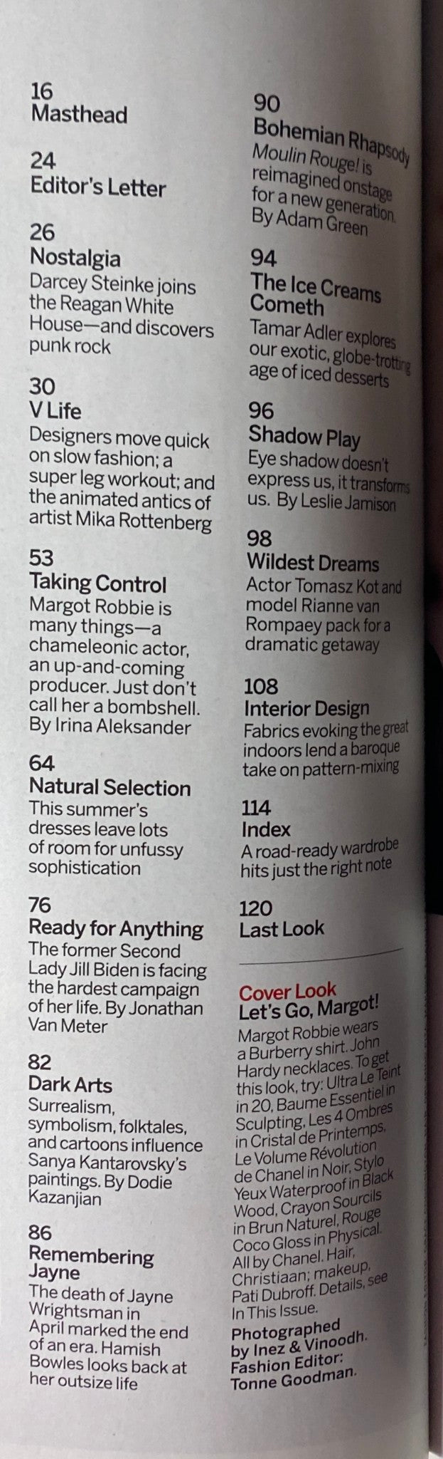 Contents page of Vogue Magazine July 2019 detailing featured articles including 'Taking Control' highlighting Margot Robbie, and various cultural and lifestyle pieces.