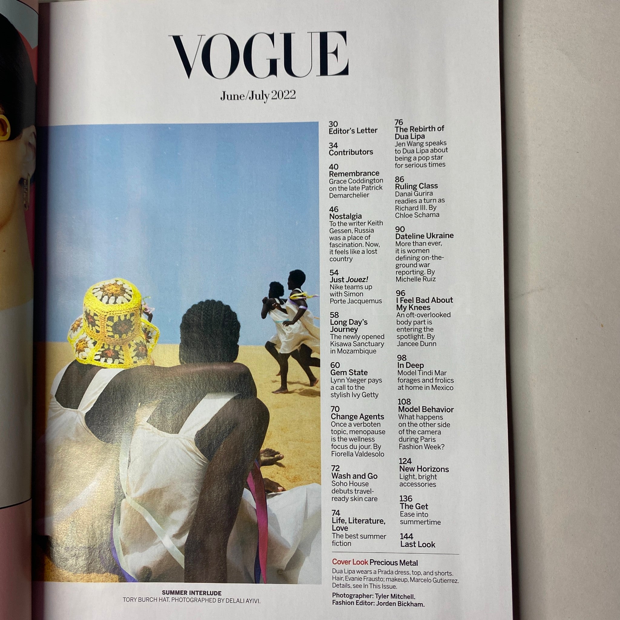Table of contents of Vogue Magazine June/July 2022, highlighting features and articles, including a profile on Dua Lipa.
