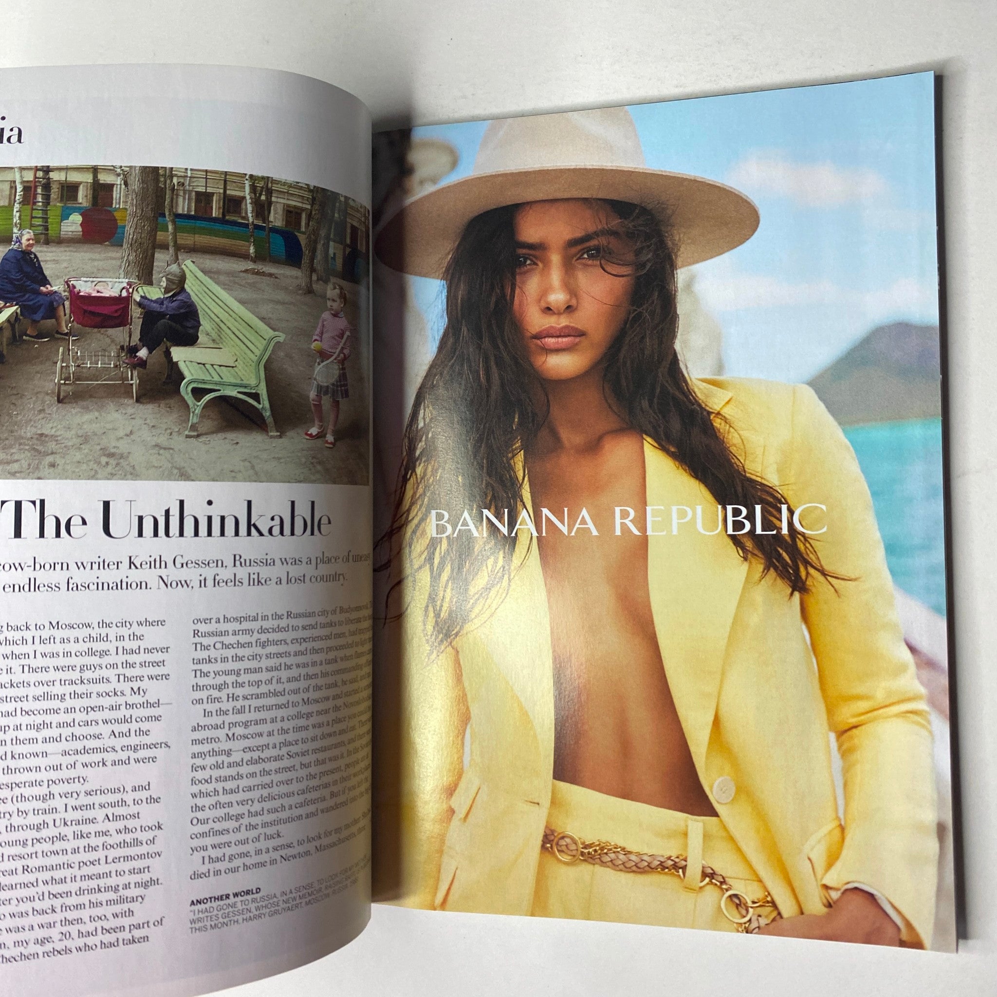 Spread from Vogue Magazine June/July 2022 featuring a model in a yellow suit, styled for Banana Republic, showcasing fashion trends.