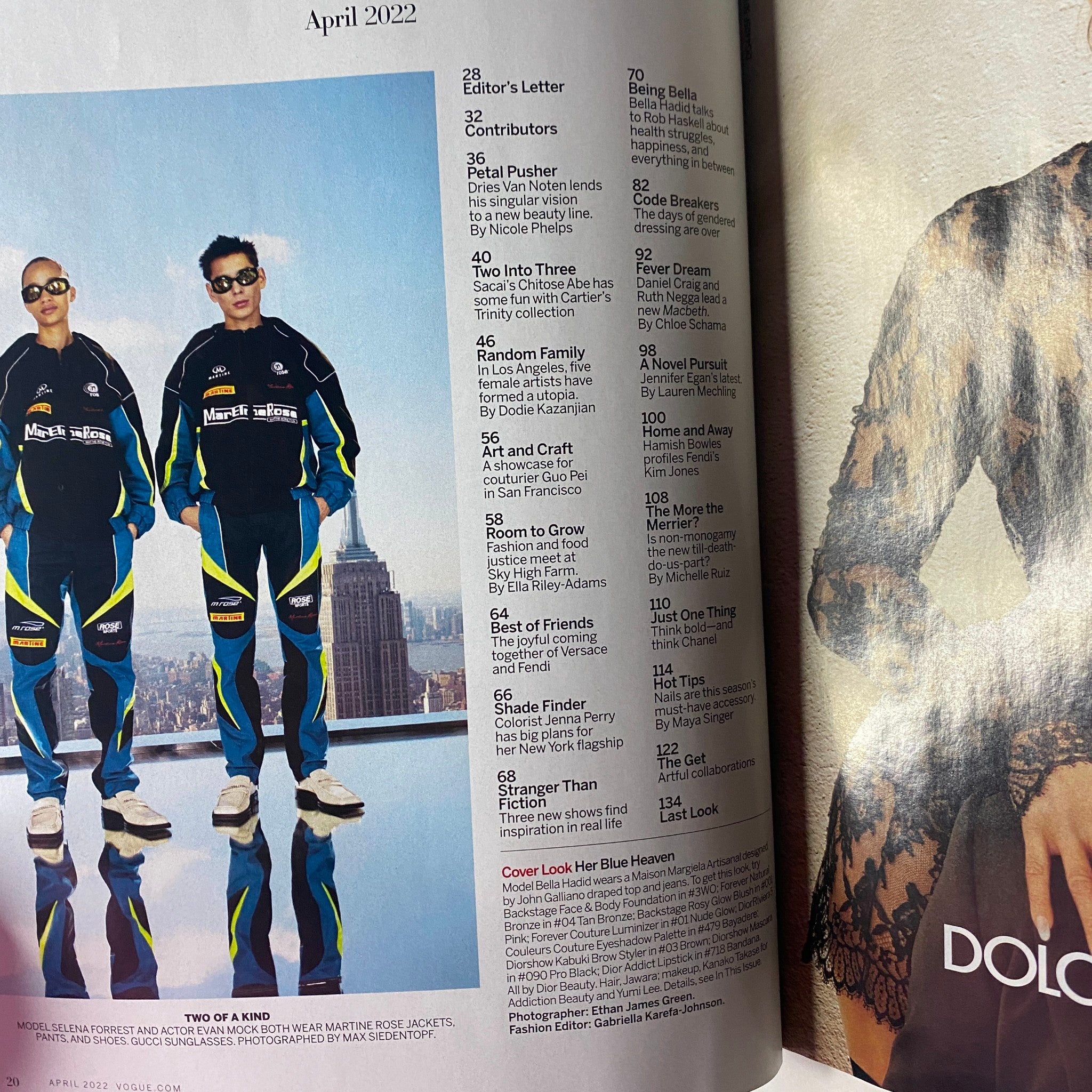 Table of contents page from Vogue Magazine April 2022, listing articles including 'Being Bella' and fashion features like 'Petal Pusher' and 'Two of a Kind.'