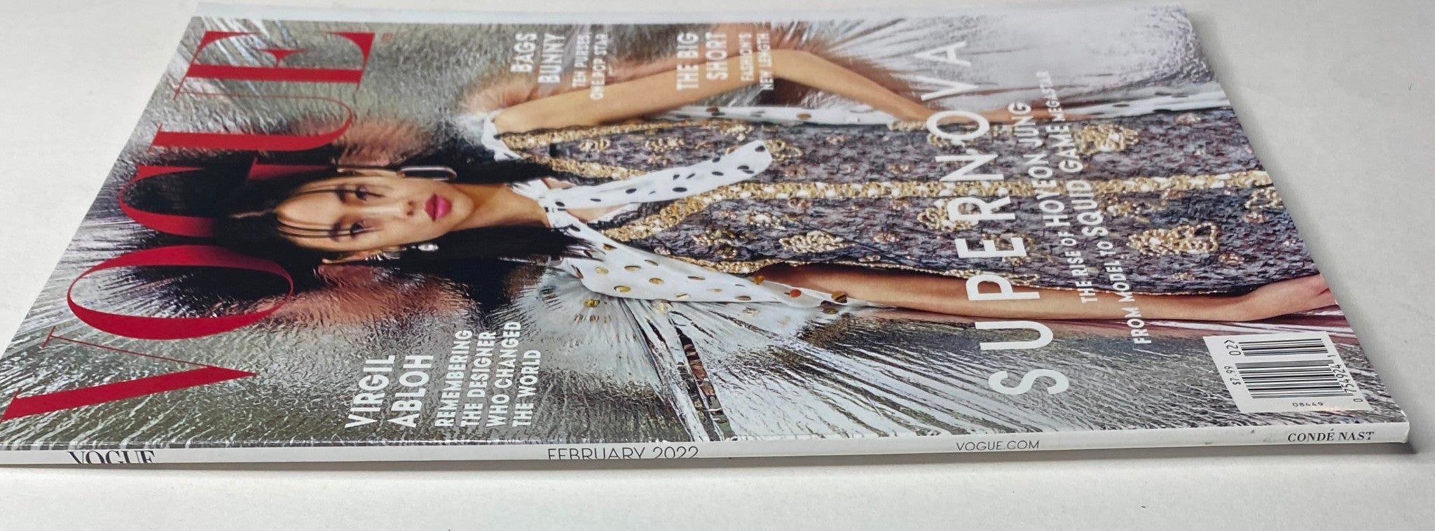 Side view of Vogue Magazine February 2022, highlighting the issue's cover featuring HoYeon Jung with cultural and fashion insights.