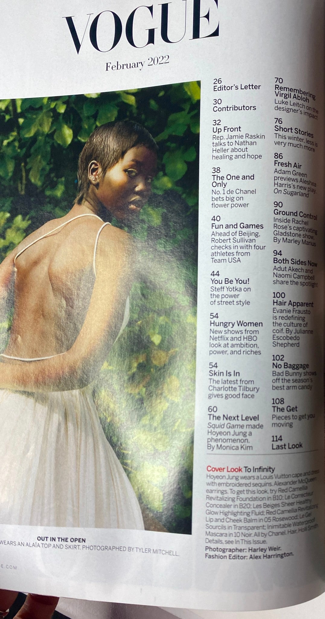 Interior page of Vogue Magazine February 2022, displaying the table of contents including features like 'Remembering Virgil Abloh' and 'Skin Is In'.