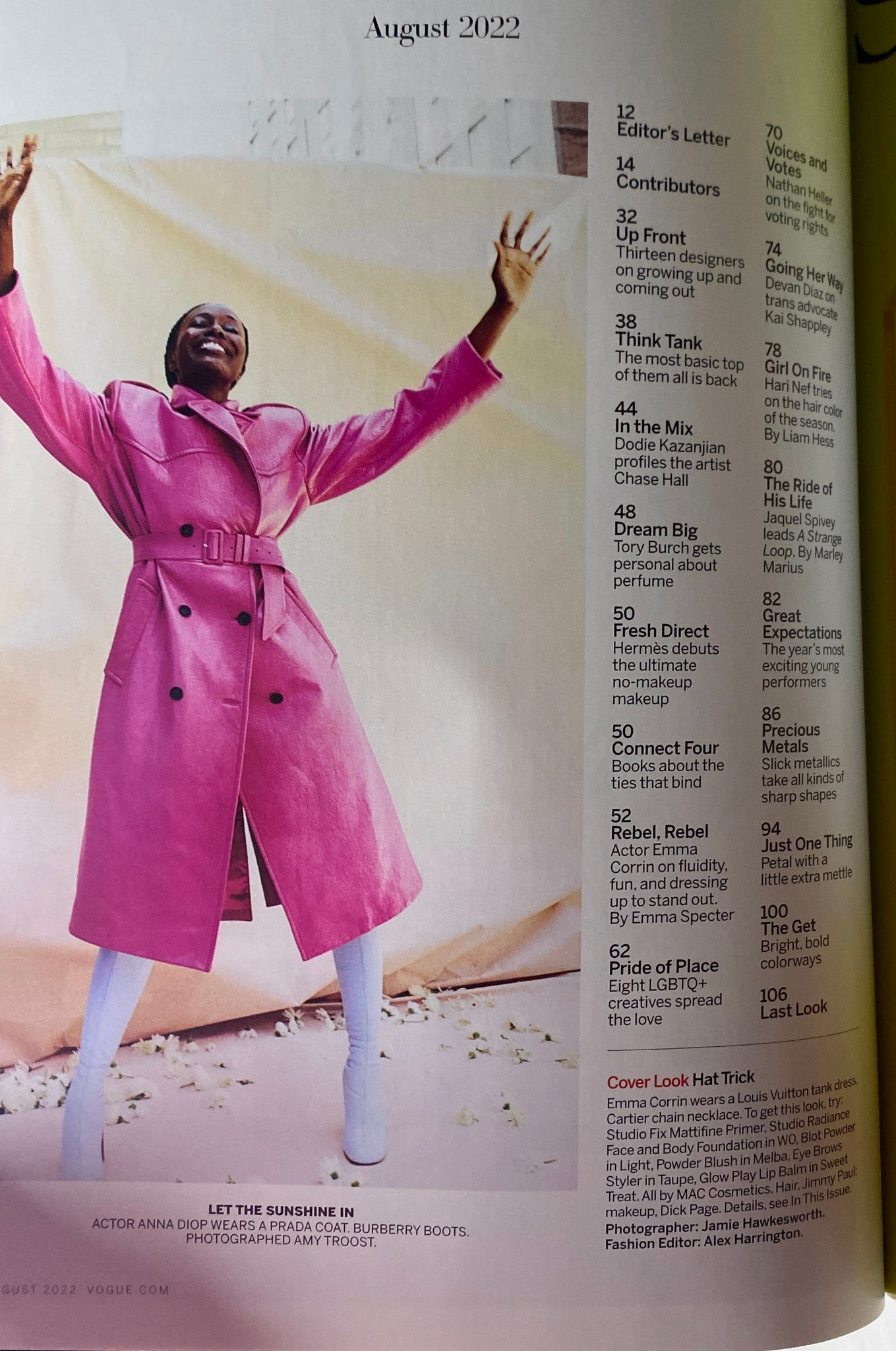 Contents page of Vogue Magazine August 2022, showcasing an Editor's Letter and contributions from various designers and artists.