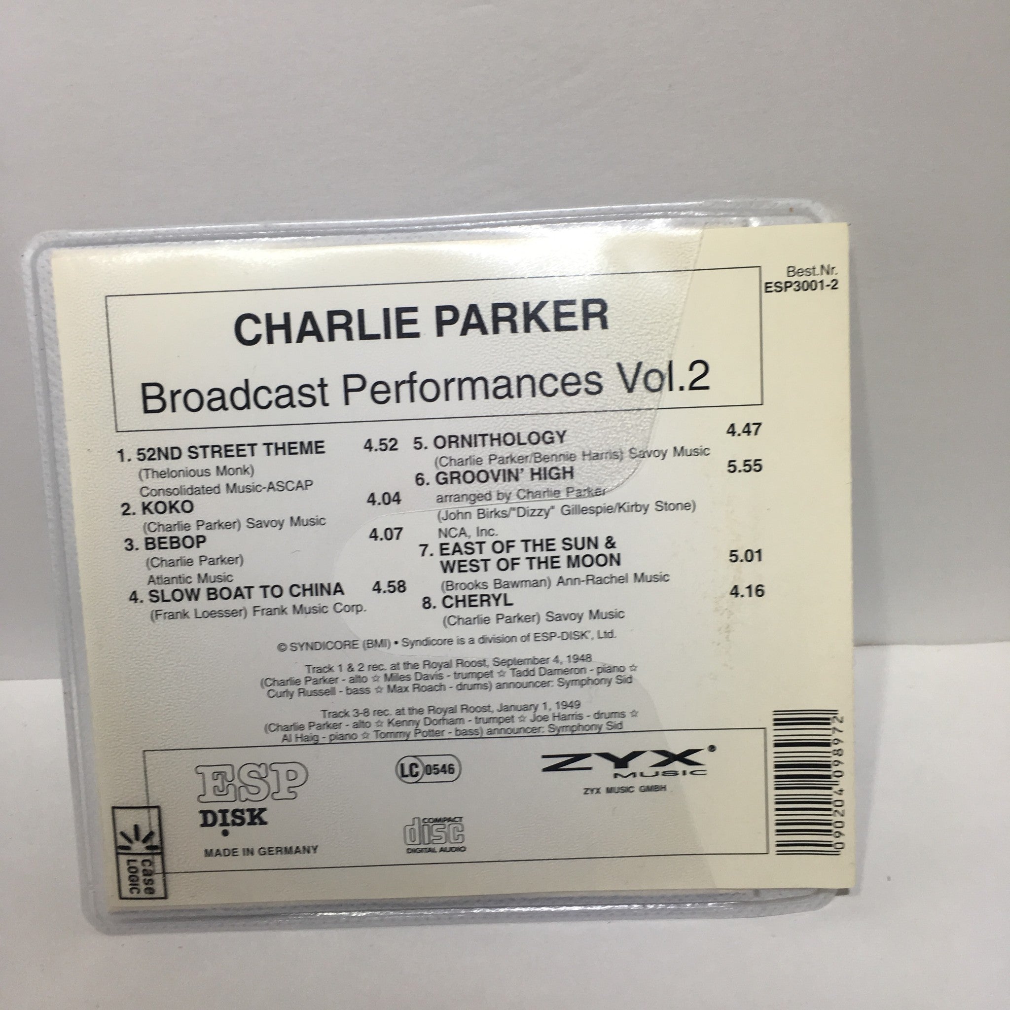 Broadcast Performances 2 by Charlie Parker ESP Disk Audio CD | No Case