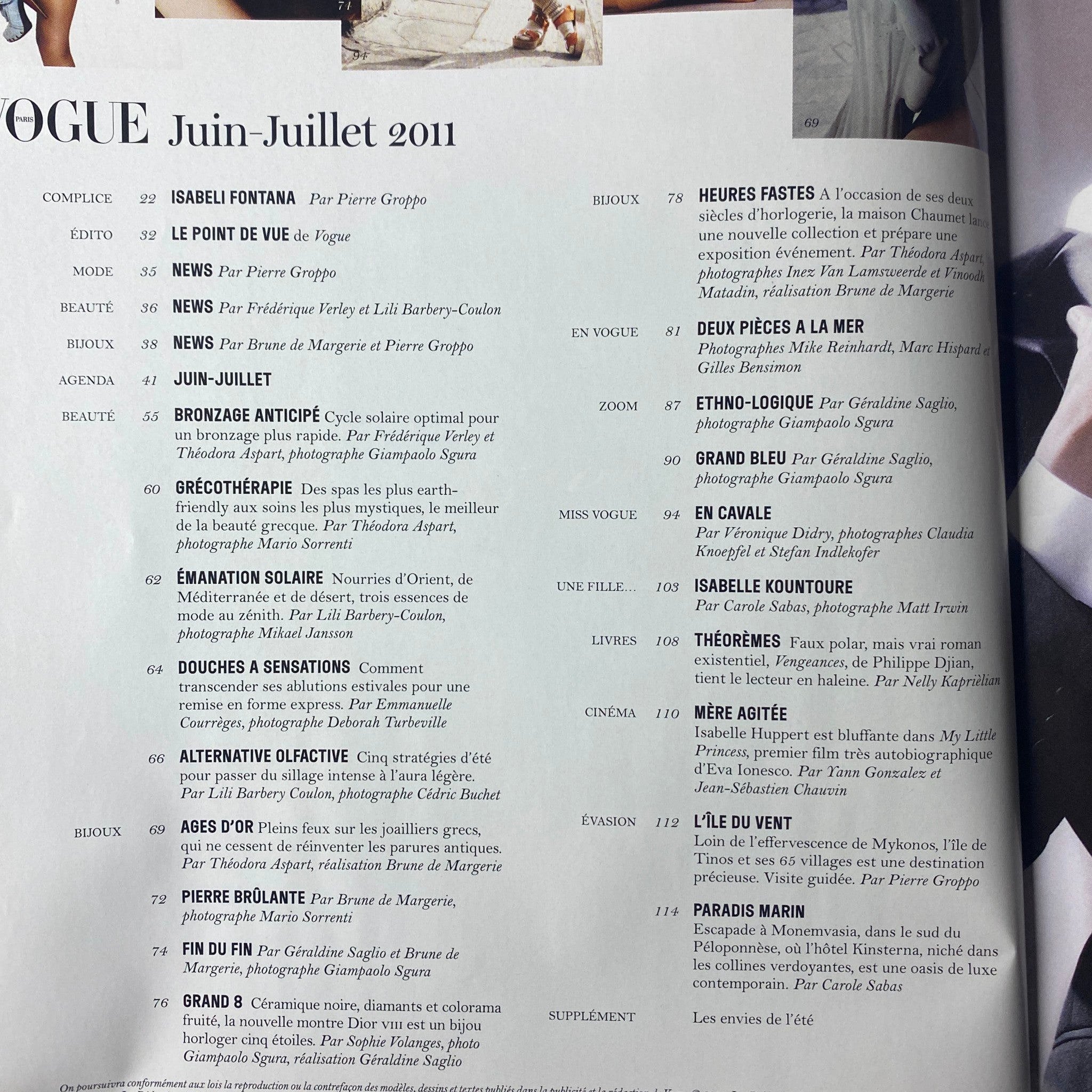 Contents page of Vogue Paris Magazine June - July 2011 No. 918, showcasing featured articles and key fashion insights.
