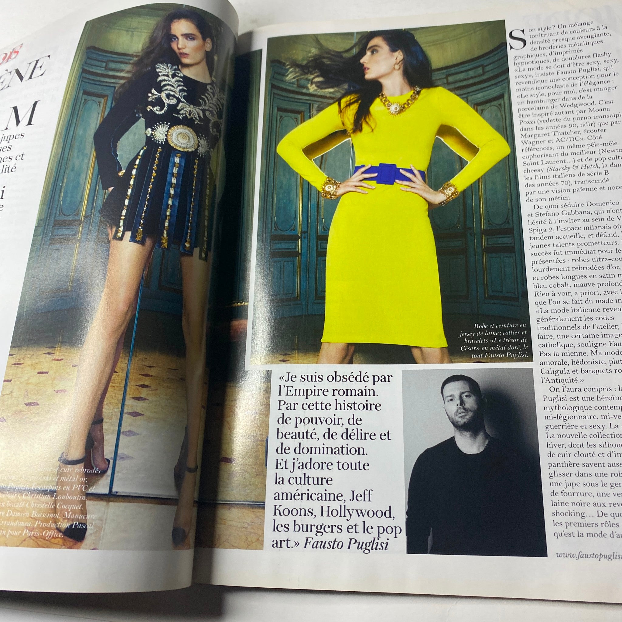 Fashion editorial from Vogue Paris Magazine June - July 2012 No. 928 presenting vibrant high-fashion looks, including a designer quote by Fausto Puglisi, symbolizing modern elegance and style.