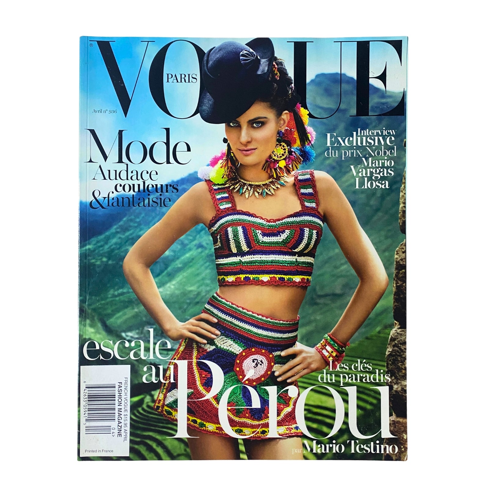 Cover of Vogue Paris Magazine April 2013 No. 936 featuring Isabeli Fontana in a vibrant, Peruvian-inspired outfit photographed by Mario Testino.