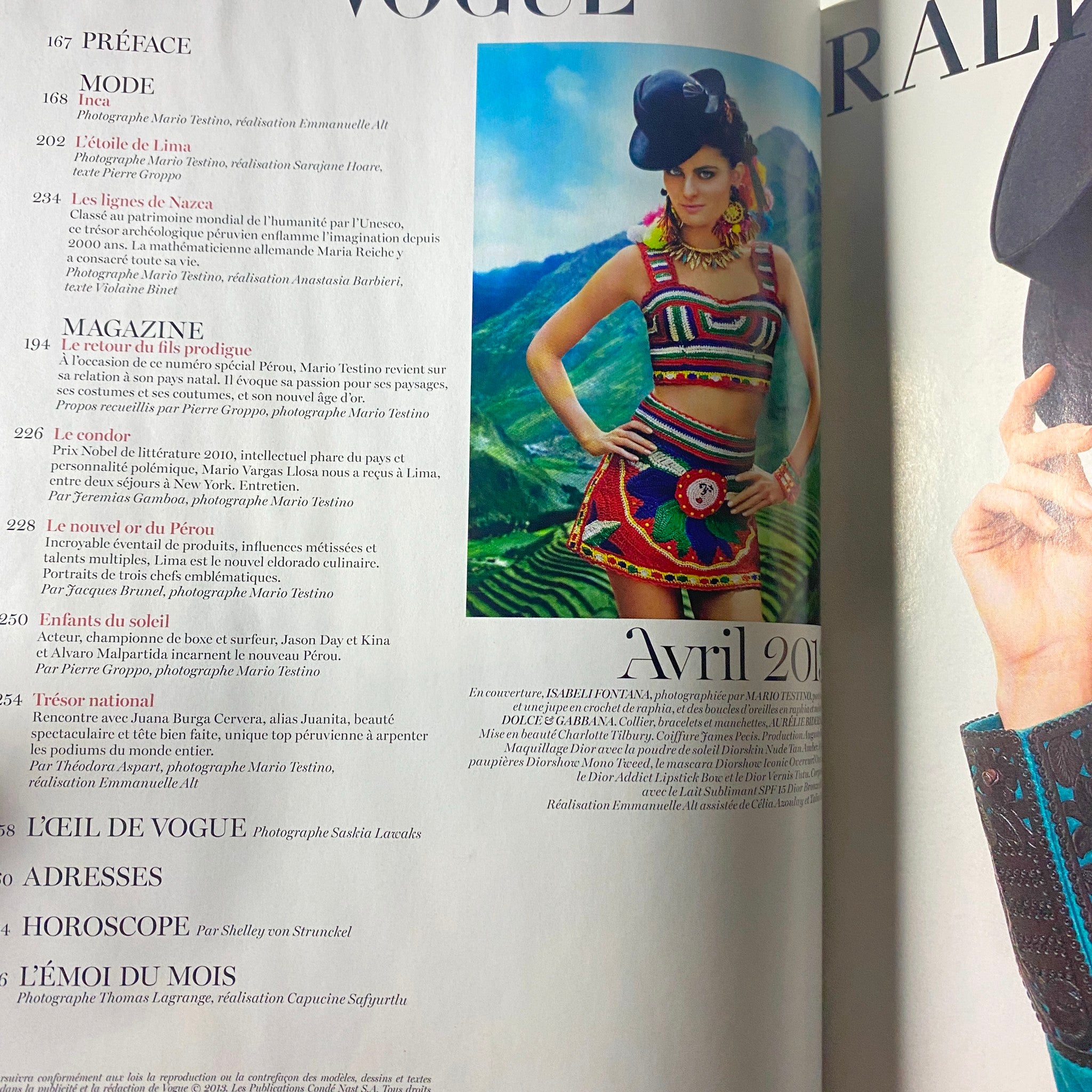Inside page of Vogue Paris Magazine April 2013 No. 936 displaying a contents layout with details about featured articles, including a fashion editorial shot by Mario Testino.