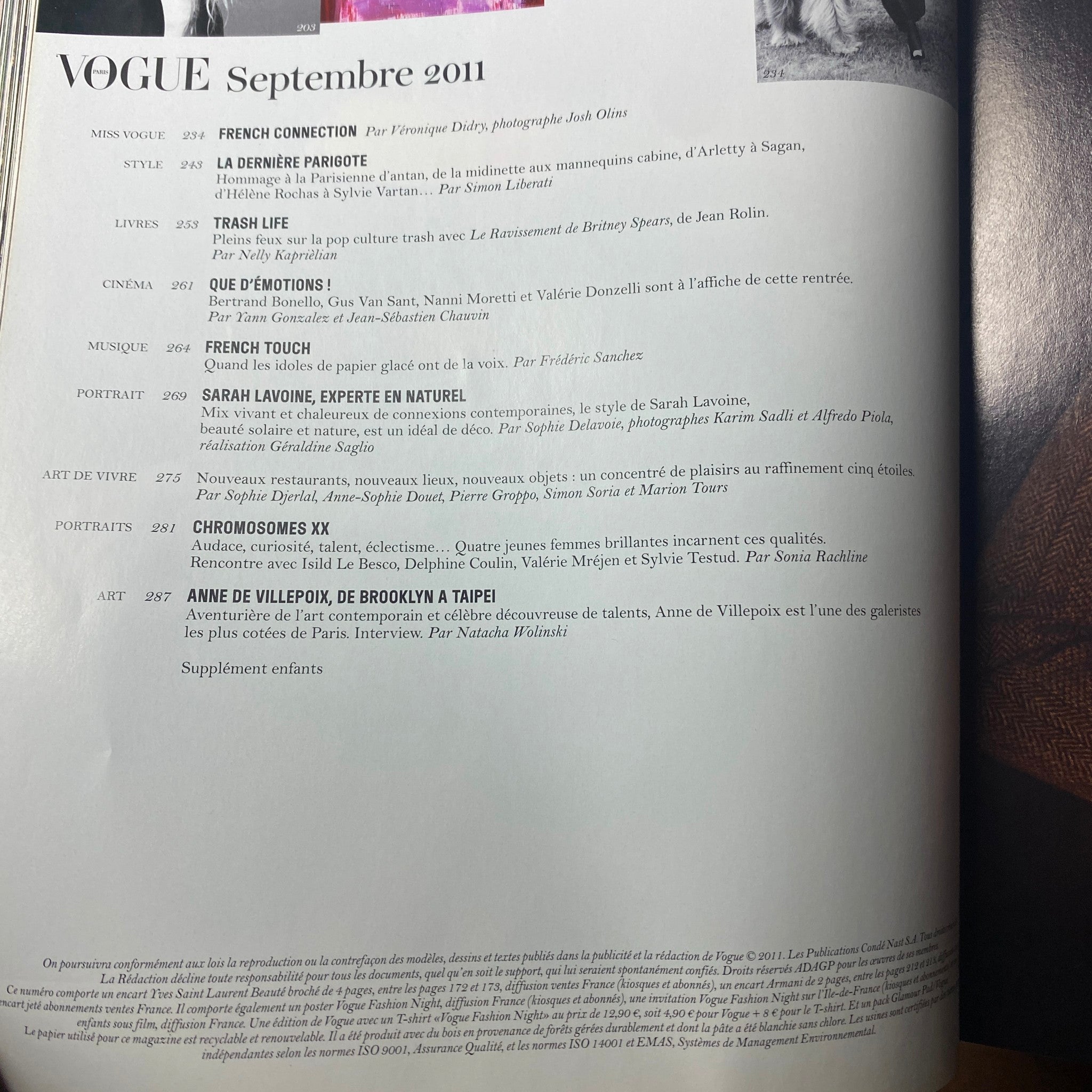 Contents page of Vogue Paris Magazine, September 2011 No. 920, detailing featured articles including 'French Connection' and 'La Dernière Parigote'.