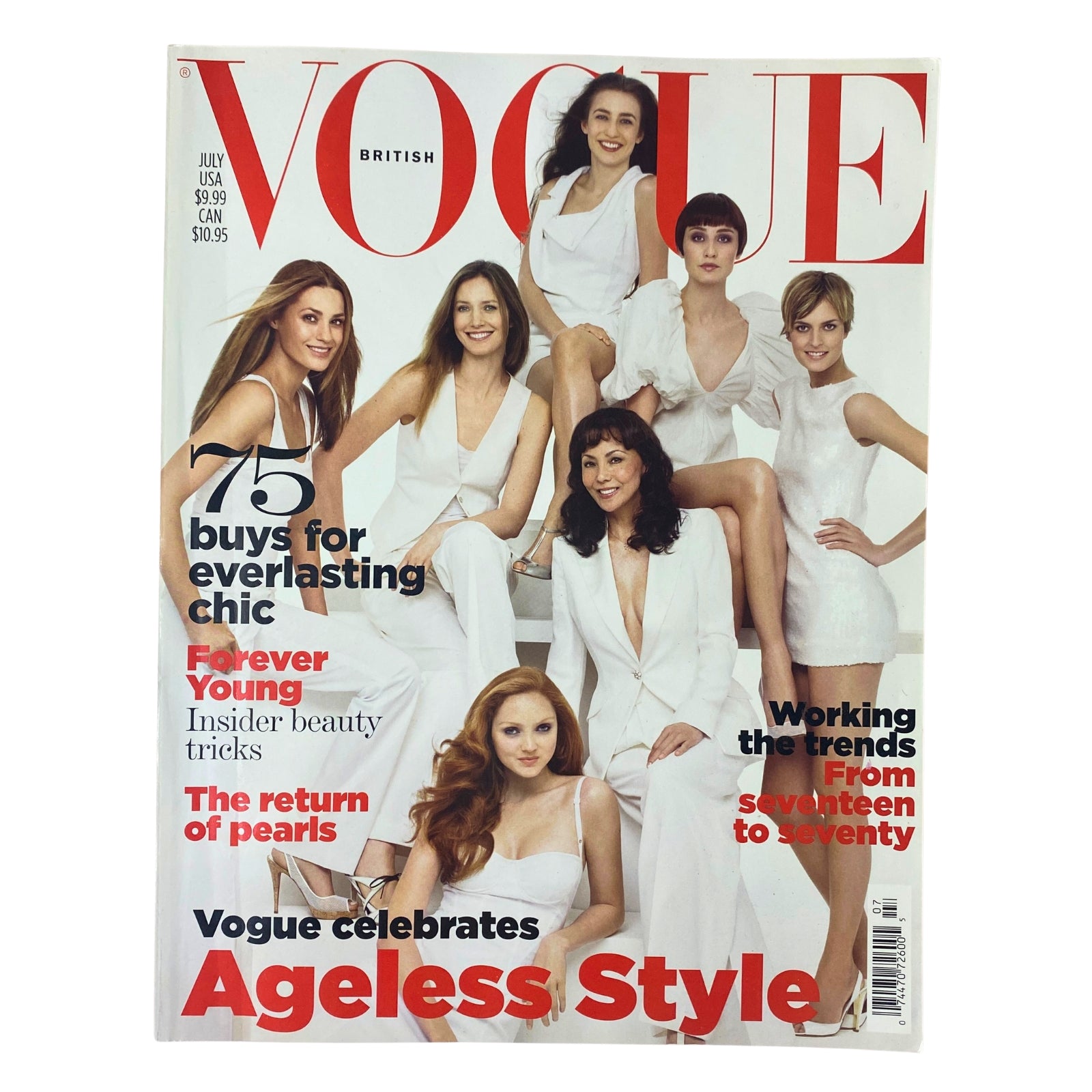 British Vogue magazine cover for July 2007 featuring Daria Werbowy and Jessica Stam, celebrating ageless style with seven models in white outfits, highlighting timeless fashion and beauty trends.
