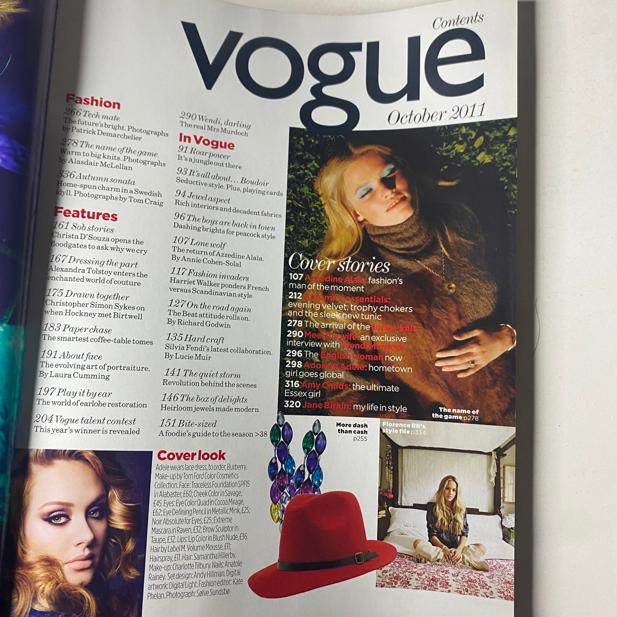 Contents page of Vogue British Magazine October 2011, featuring Adele and various fashion articles.