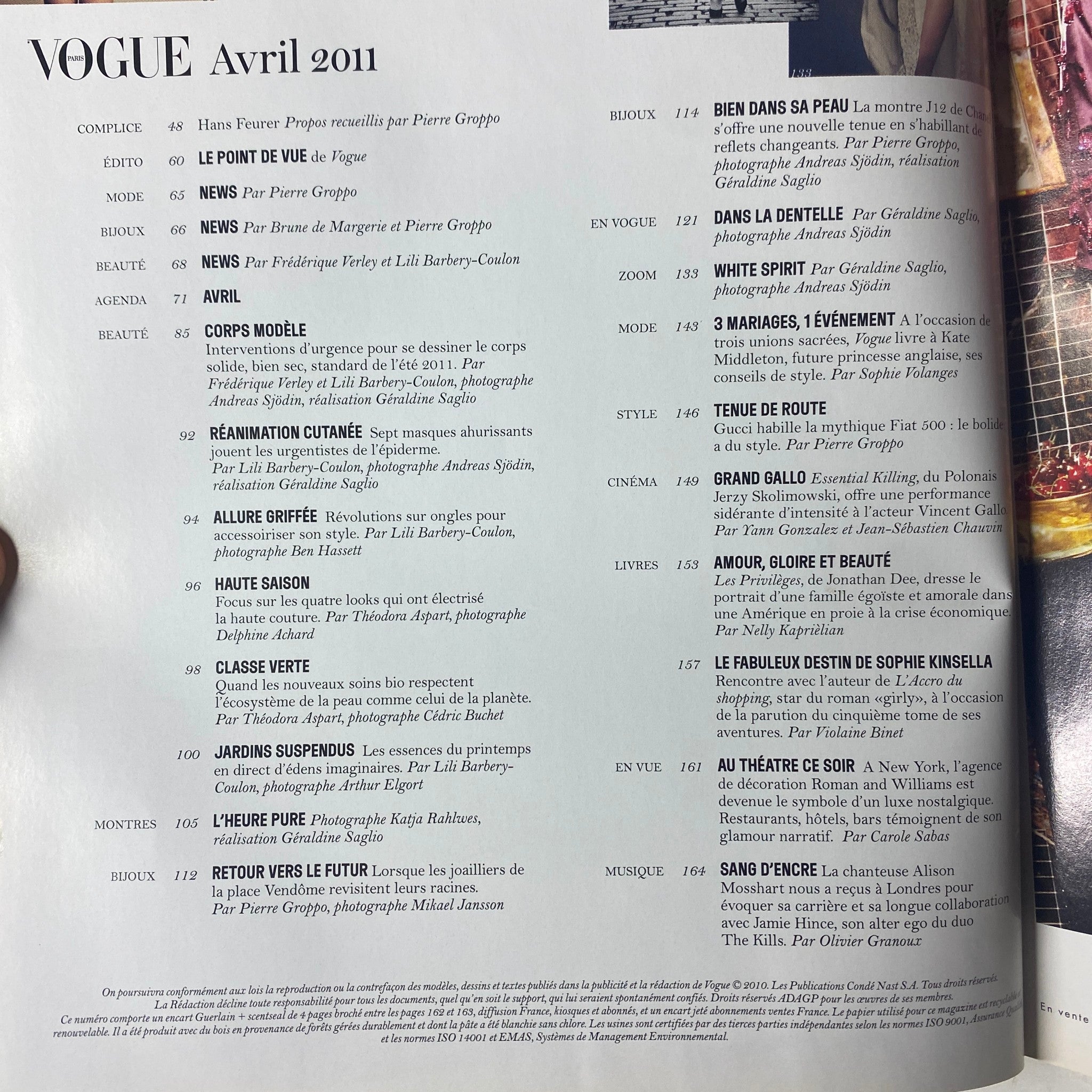 Contents page of Vogue Paris Magazine April 2011 No. 916, featuring listings of articles and features, illustrating diverse fashion and wellness topics, associated with Gisele Bündchen's cover.