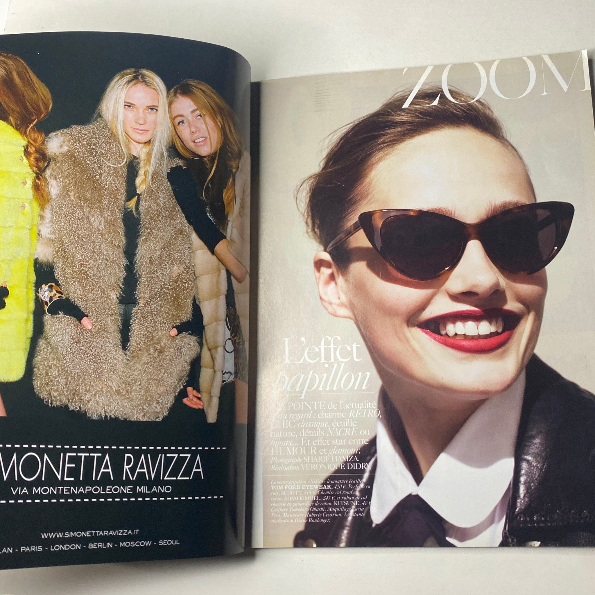 Inside spread from Vogue Paris Magazine August 2010 No. 909 featuring Monetta Ravizza and a fashion editorial with bold sunglasses.