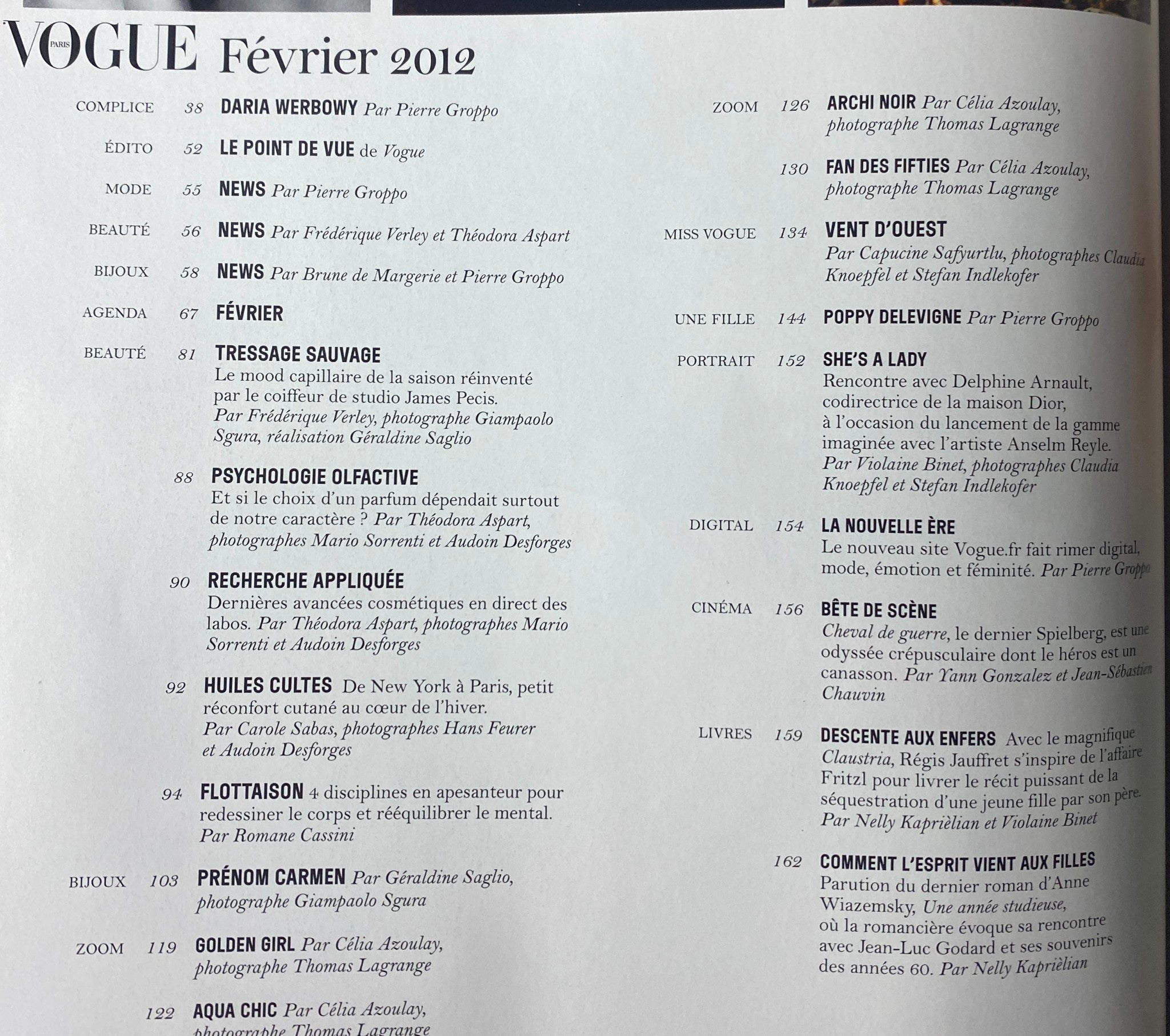 Table of contents for Vogue Paris Magazine February 2012 No. 924, outlining featured articles including fashion, beauty, and editorial insights.