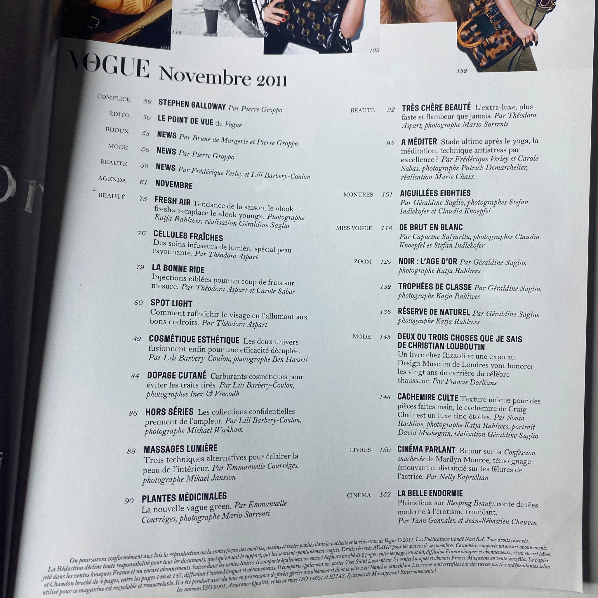 Table of contents from Vogue Paris Magazine November 2011 No. 922, featuring articles and page numbers for fashion and beauty highlights.