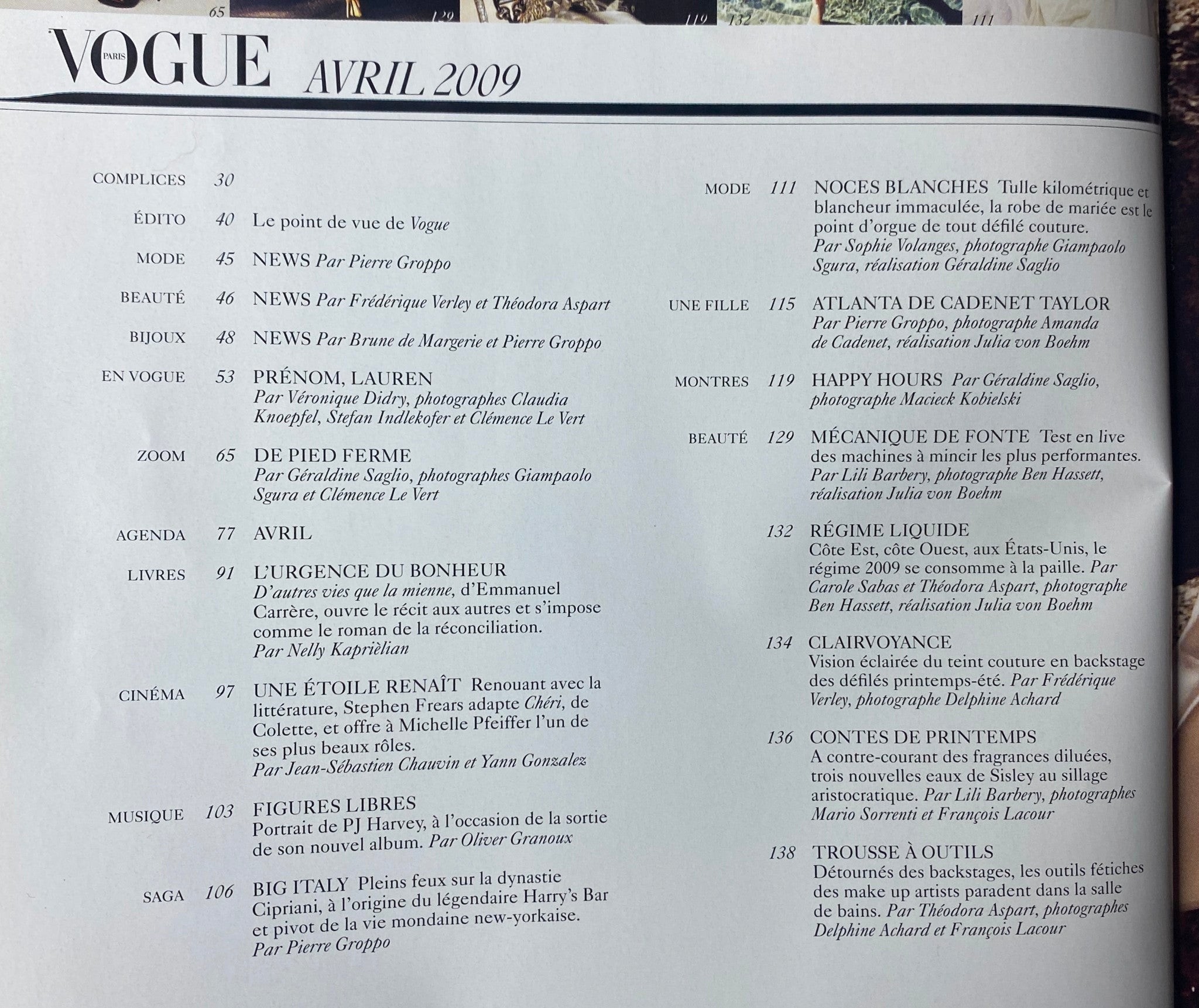 Vogue Paris Magazine April 2009 cover showing contents including features such as 'Noces Blanches', 'Prénom, Lauren', and 'Figures Libres'. Highlights the magazine's focus on fashion and culture.