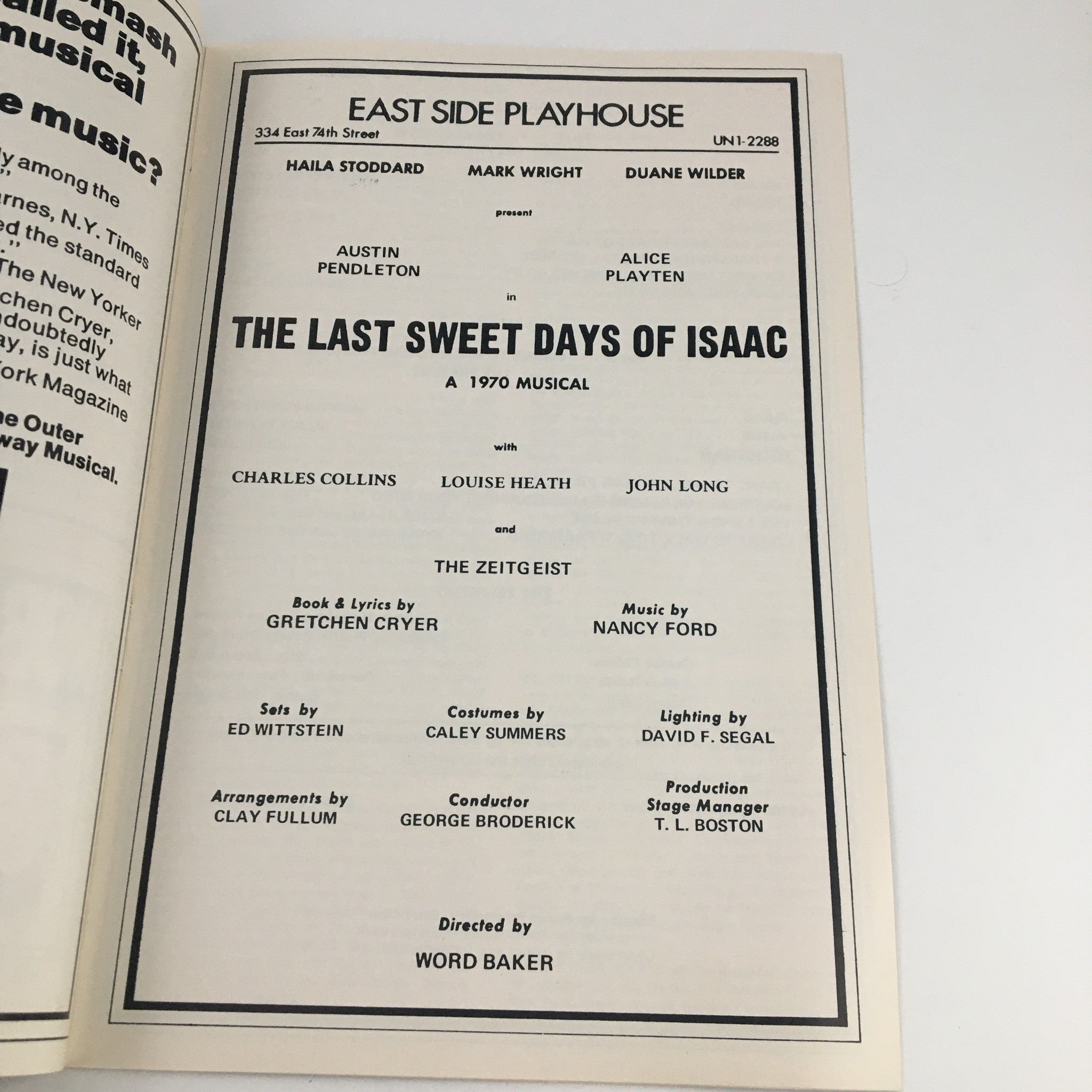 1970 Play Fare East Side Playhouse The Last Sweet Days of Isaac by Word Baker