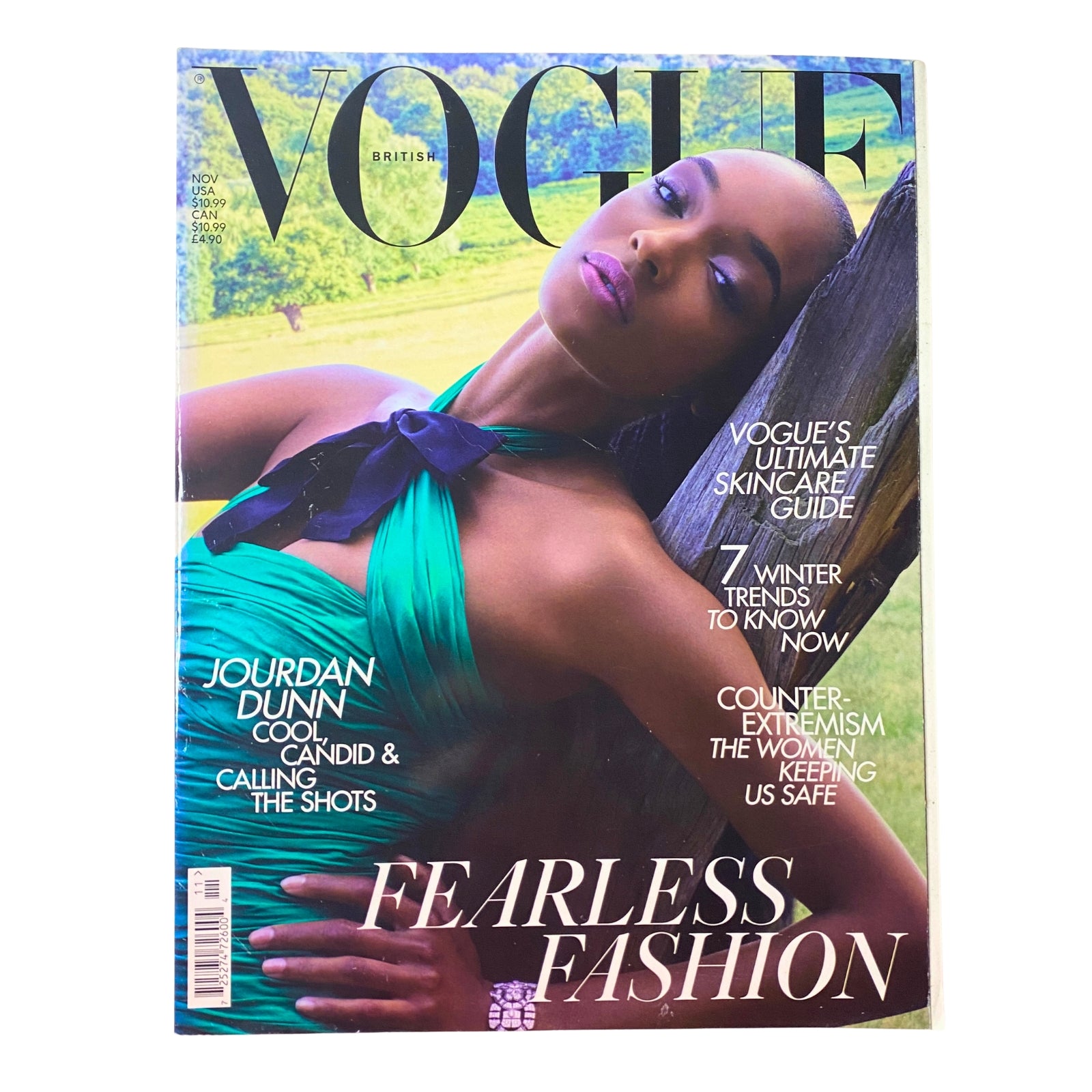 Cover of Vogue British Magazine November 2019 featuring model Jourdan Dunn, highlighting themes of fearless fashion and Vogue's ultimate skincare guide.
