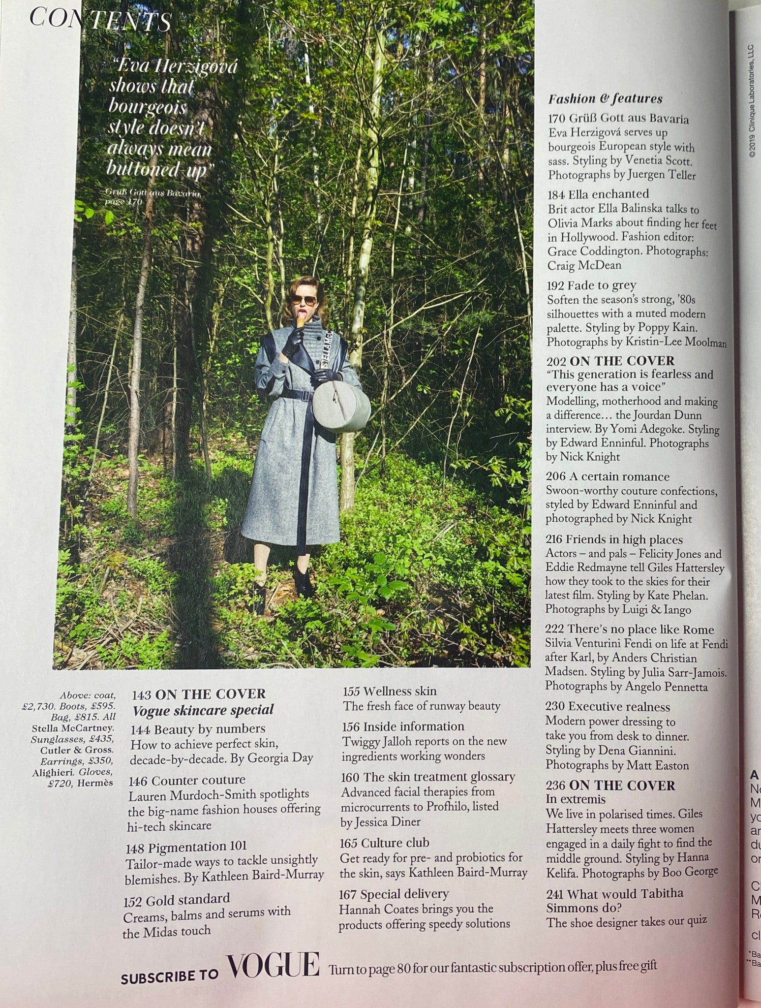 Contents page of Vogue British Magazine November 2019 featuring fashion articles, including a feature titled 'Grüß Gott aus Bavaria' with Eva Herzigová and a section about Vogue's skincare special.