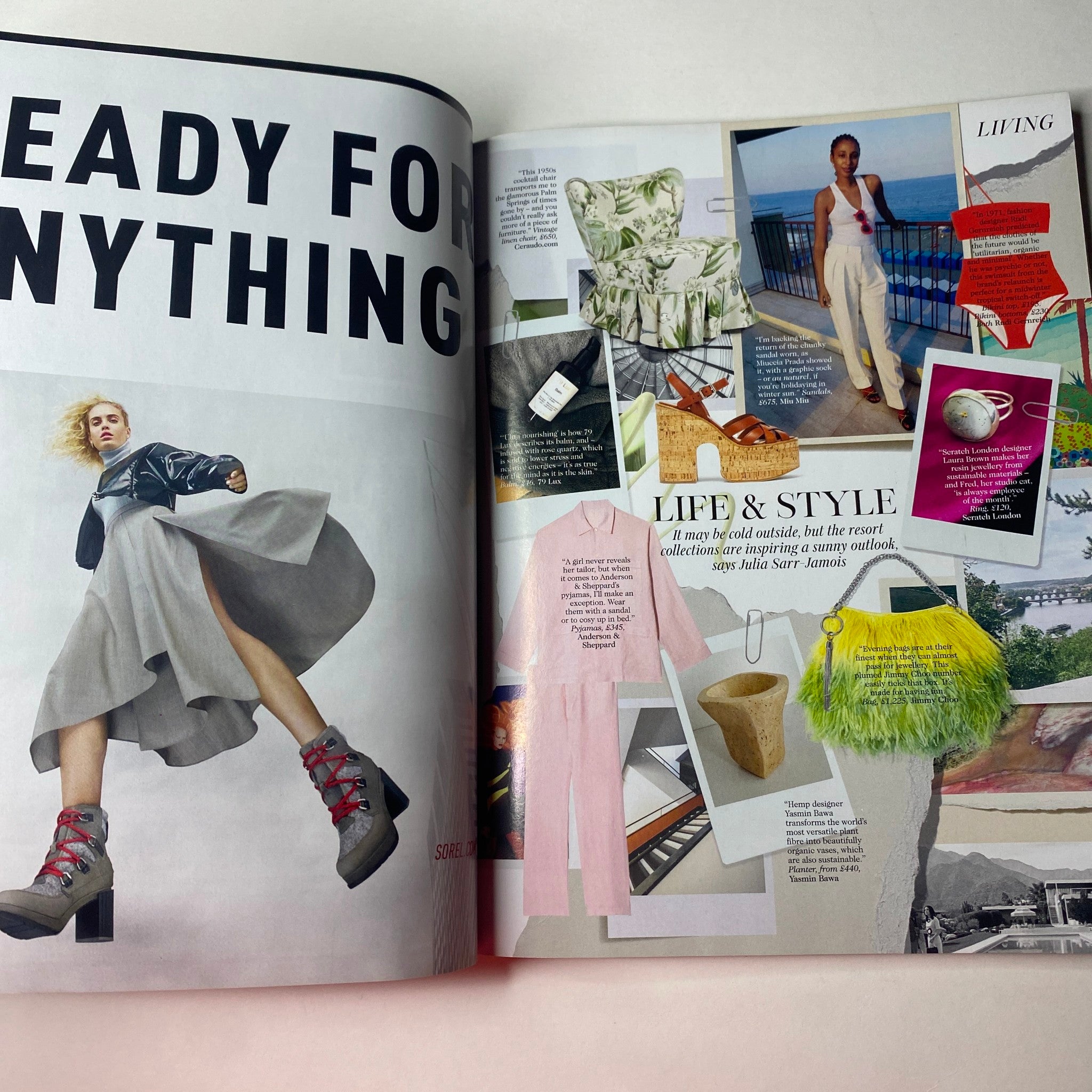 Life and style section from Vogue British Magazine November 2019, featuring a collage of colors, fashion items, and accessories for modern living.