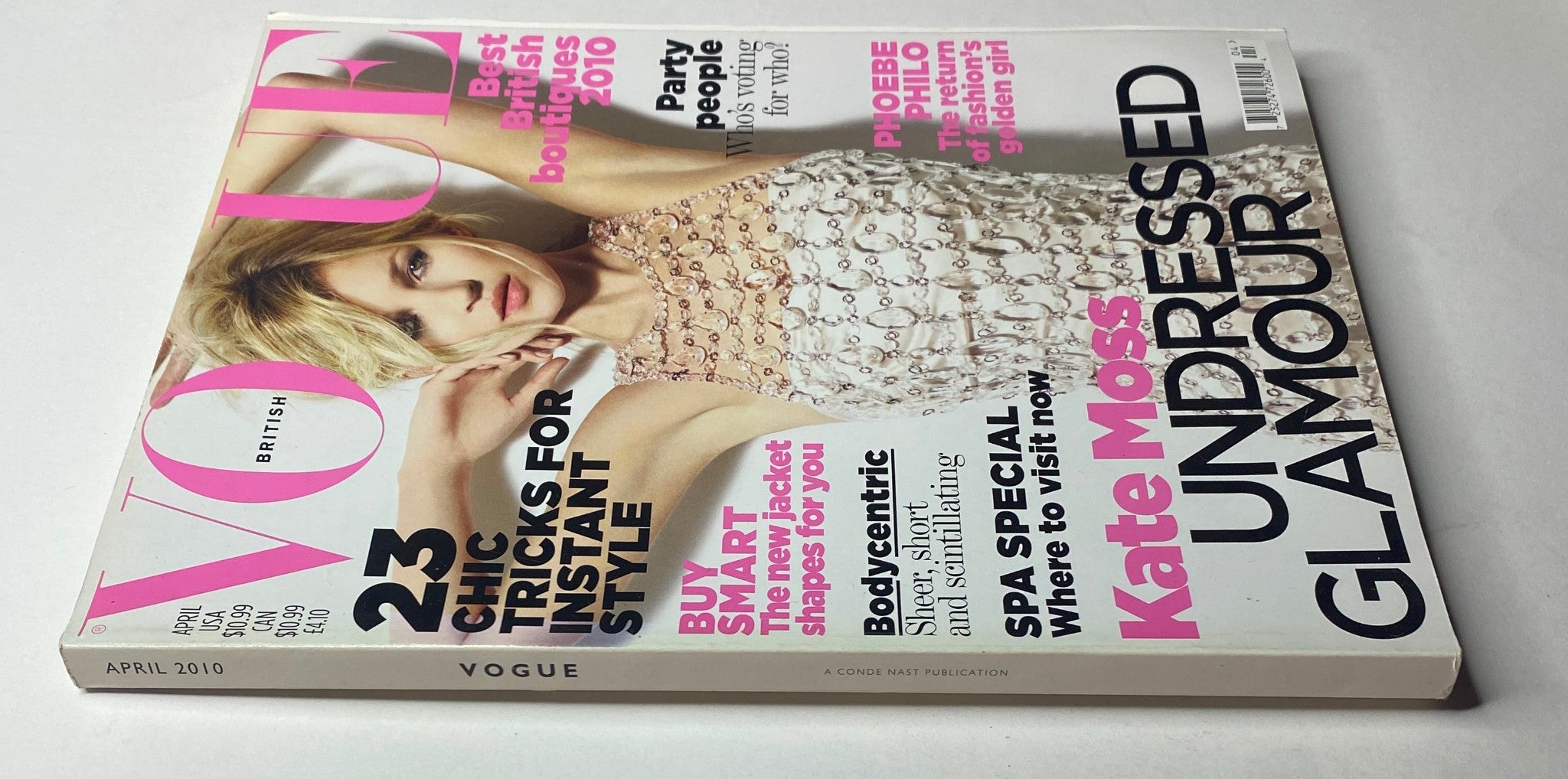Cover of Vogue British Magazine April 2010 featuring Kate Moss, showcasing a luxurious design and fashion editorial.